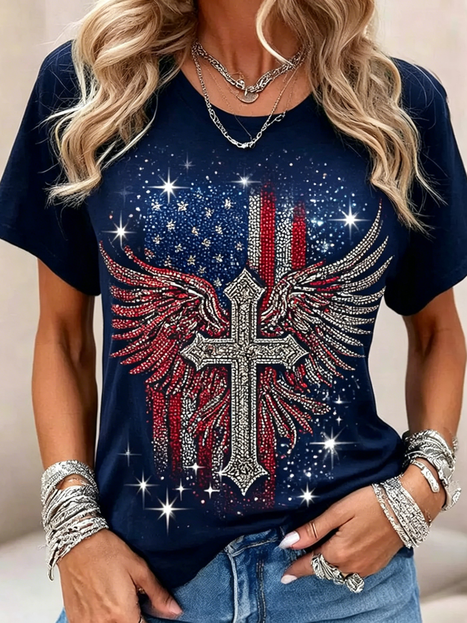 Patriotic 4th of July Outfit Women Sparkly Rhinestone Cross Wing Flag Printed Crew Neck Short Sleeve Casual Tee