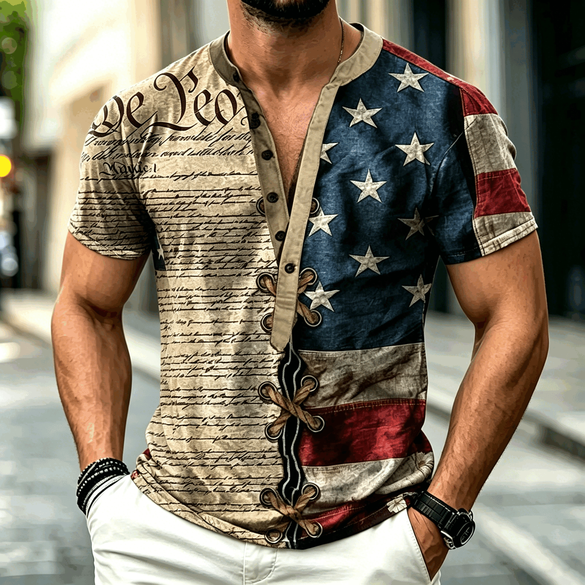 Vintage We The People American Flag Men Lace Up Henley Short Sleeve Shirt