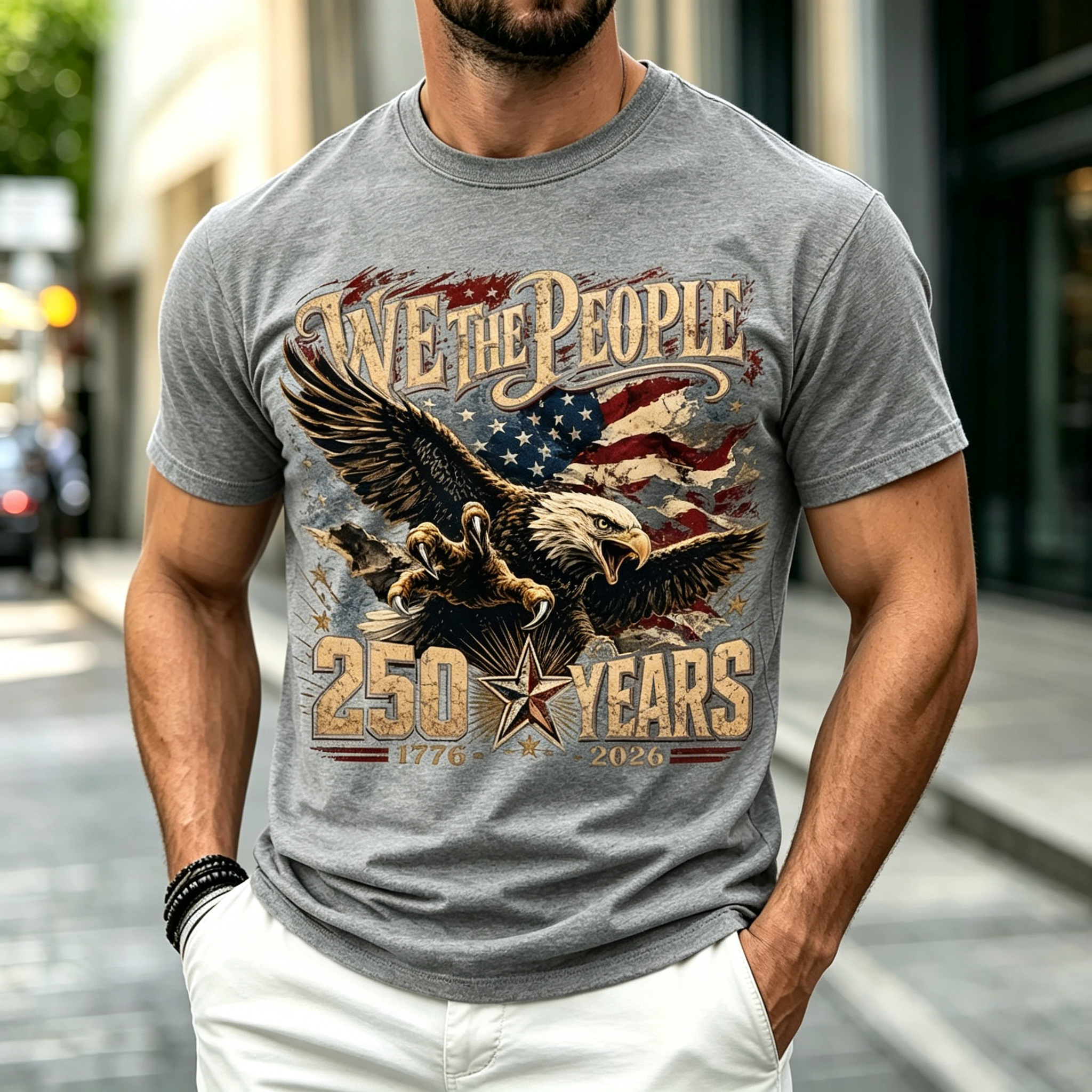 Men We The People Eagle American Flag Patriotic Short Sleeve Crew Neck Casual T-Shirt