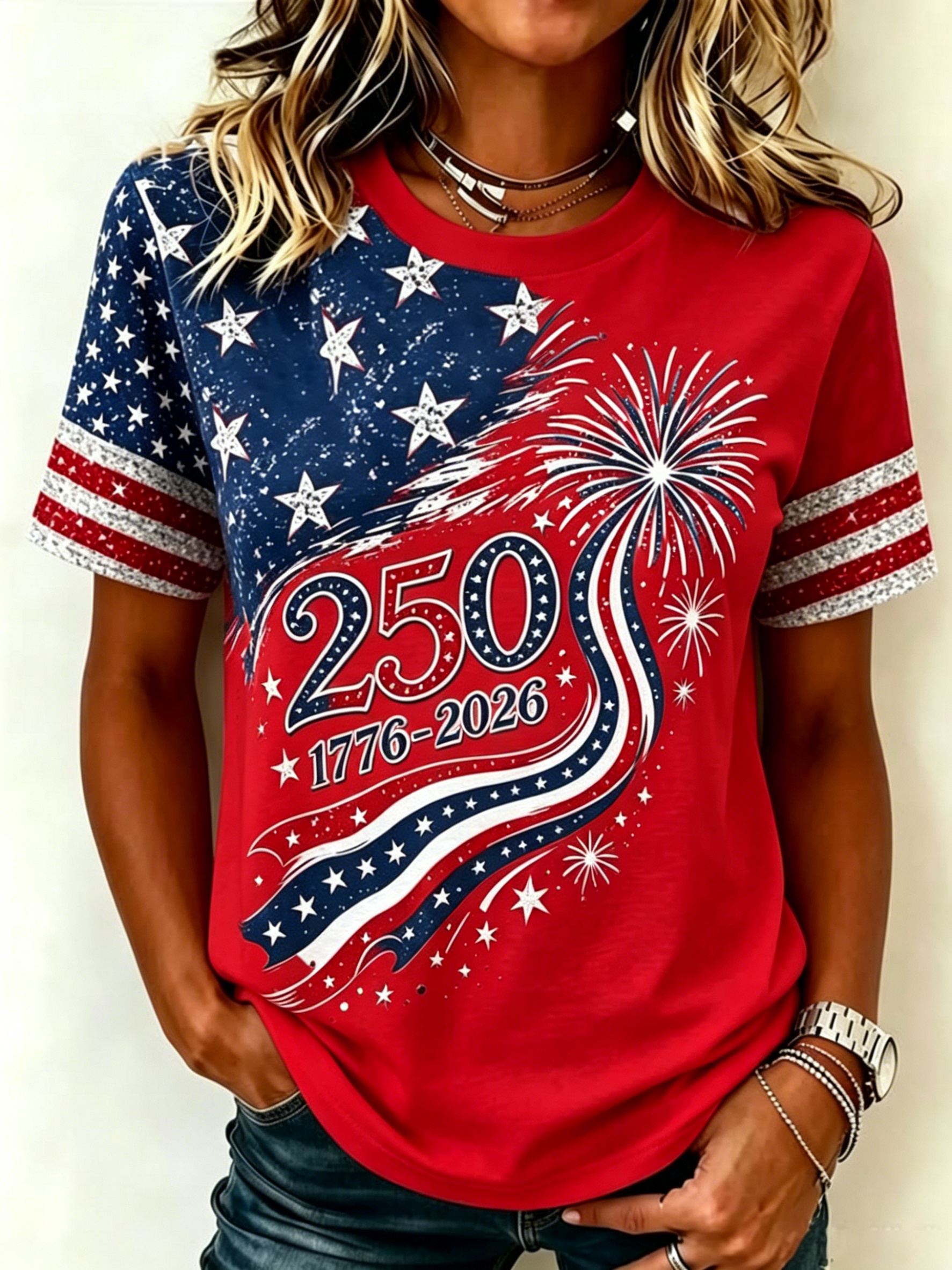 Vintage Distressed Patriotic Celebration Fireworks Printed Raglan Sleeve Women T-Shirt