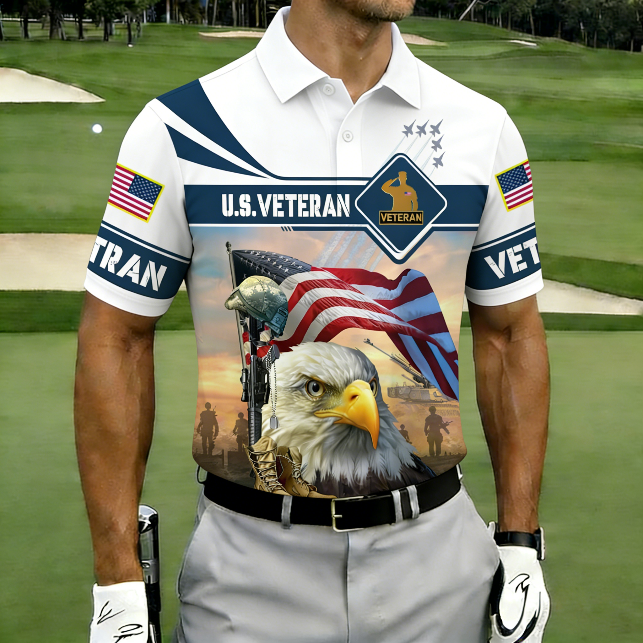 Men's U.S. Veteran Patriotic American Flag Bald Eagle Military Golf Polo Shirt-Multiple Color Options