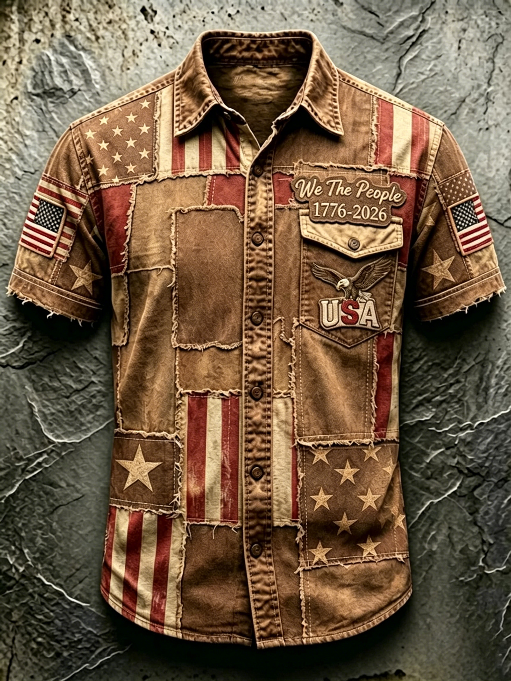Distressed Retro Patriotic Graphic Lapel Pocket Short Sleeve Shirt For Men Daily Outdoor Casual Wear