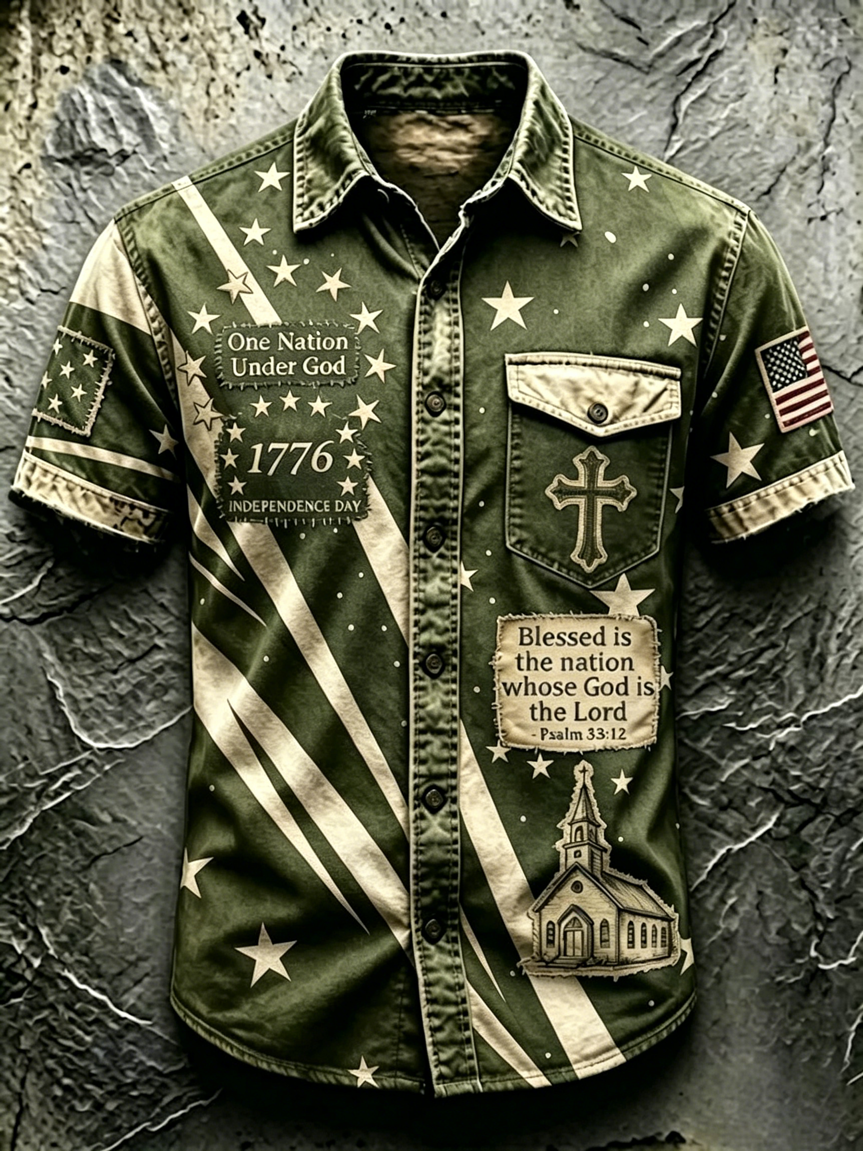 Men Vintage Star Stripe Religious Cross Graphic Short Sleeve Button Down Denim Shirt