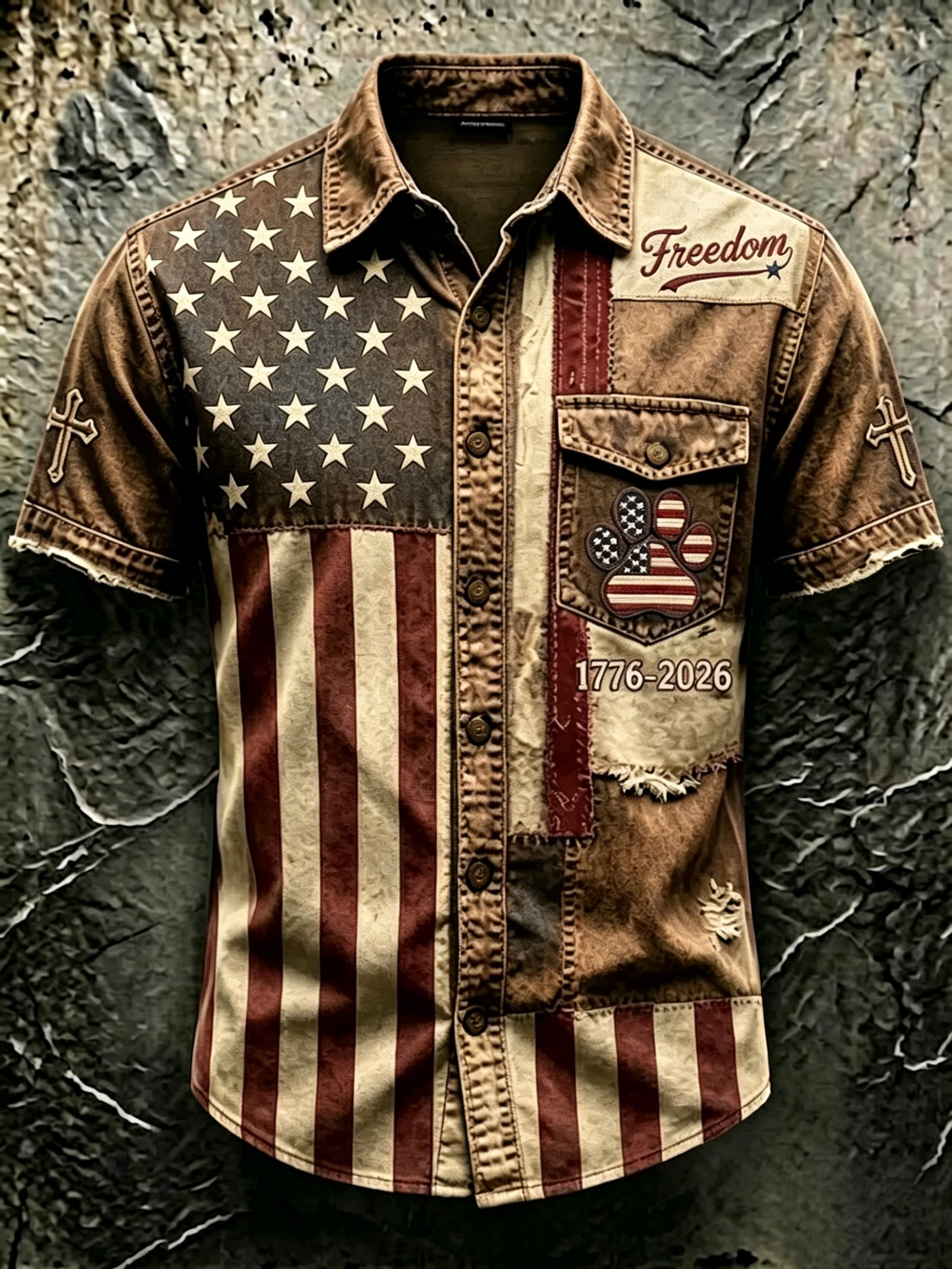 [Copy]Frayed Edge Camo Patriotic Letter Print Lapel Collar Casual Denim Shirt For Men