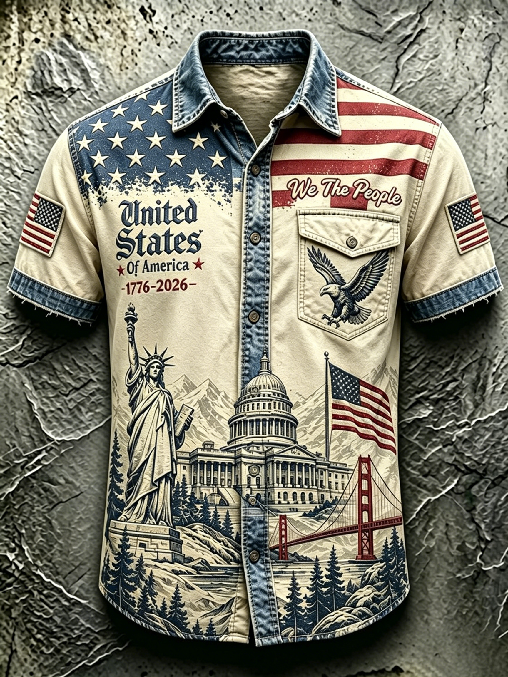 Men Vintage Statue Of Liberty Eagle Landscape Graphic Short Sleeve Denim Shirt