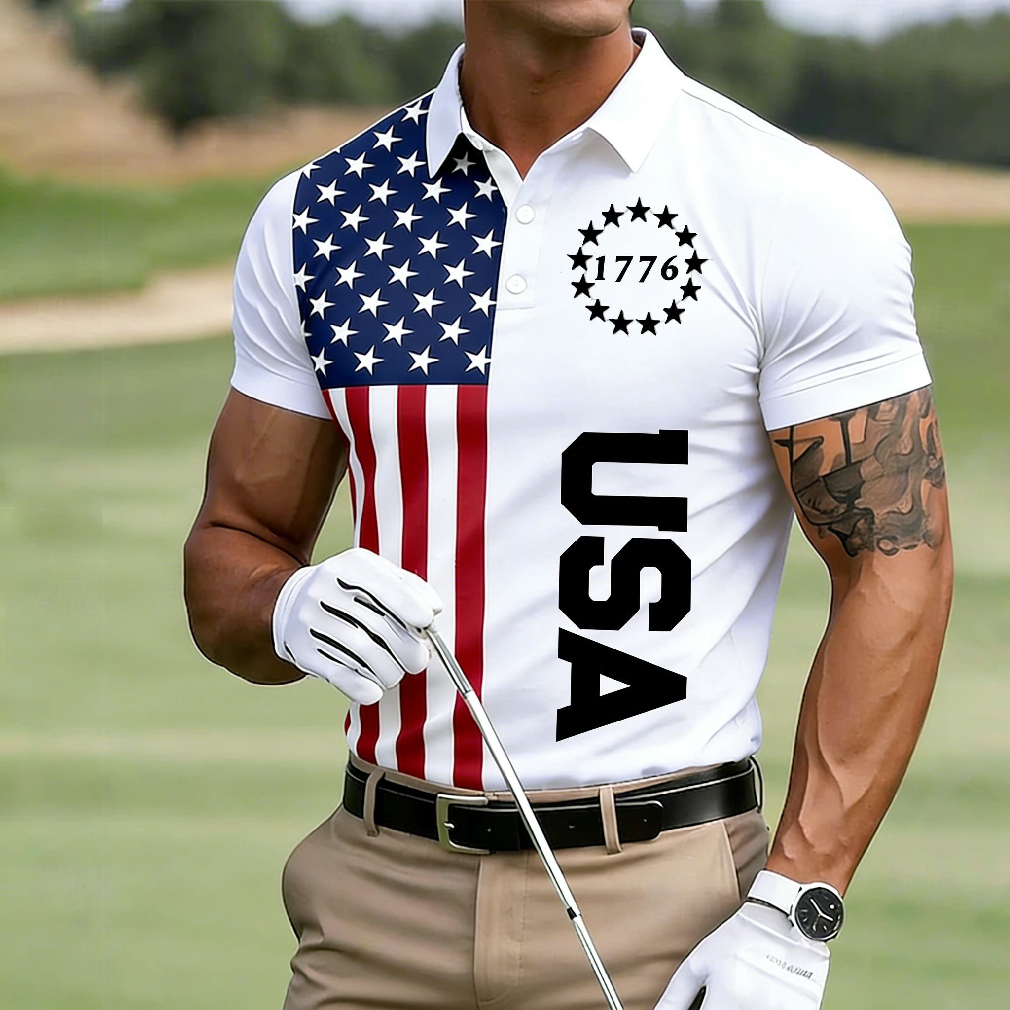 Men's 1776 USA Flag Golf Polo | Distressed Patriotic Performance Shirt for American Golfers