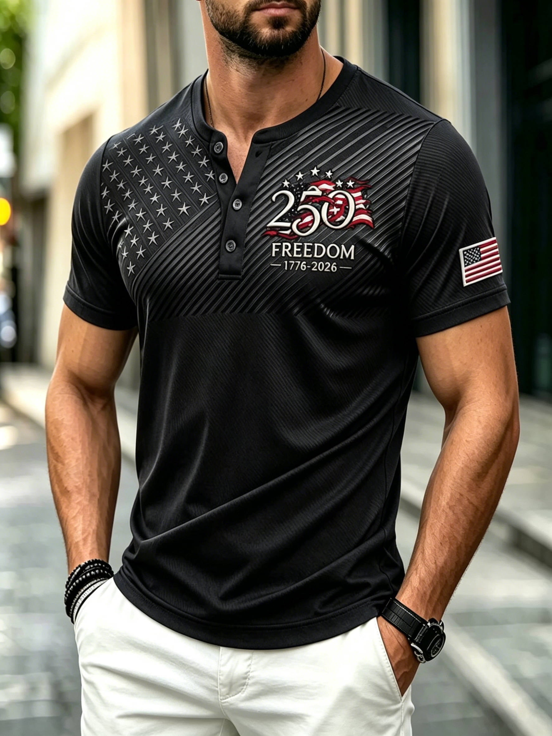 Retro Freedom Graphic Patriotic Casual Short Sleeve Men Streetwear Henley