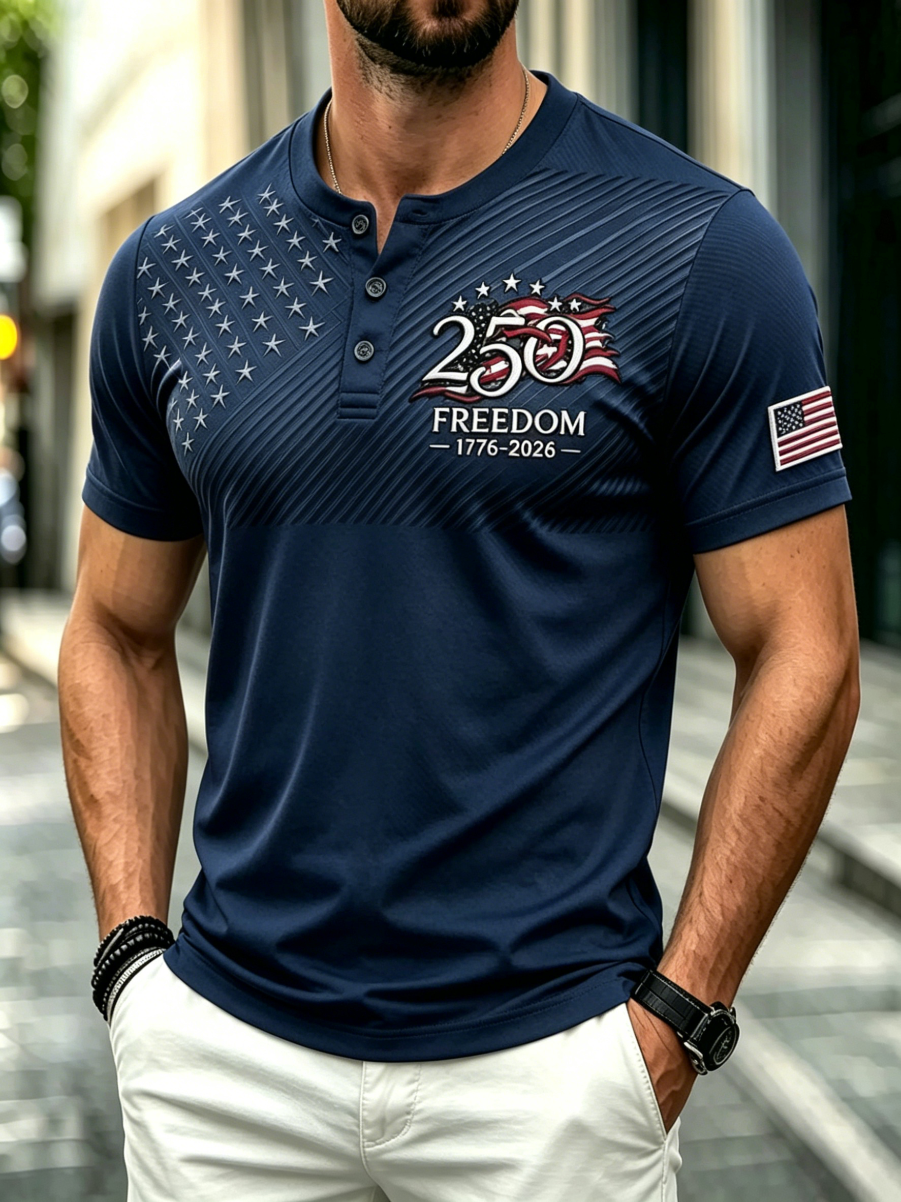 Retro Freedom Graphic Patriotic Casual Short Sleeve Men Streetwear Henley