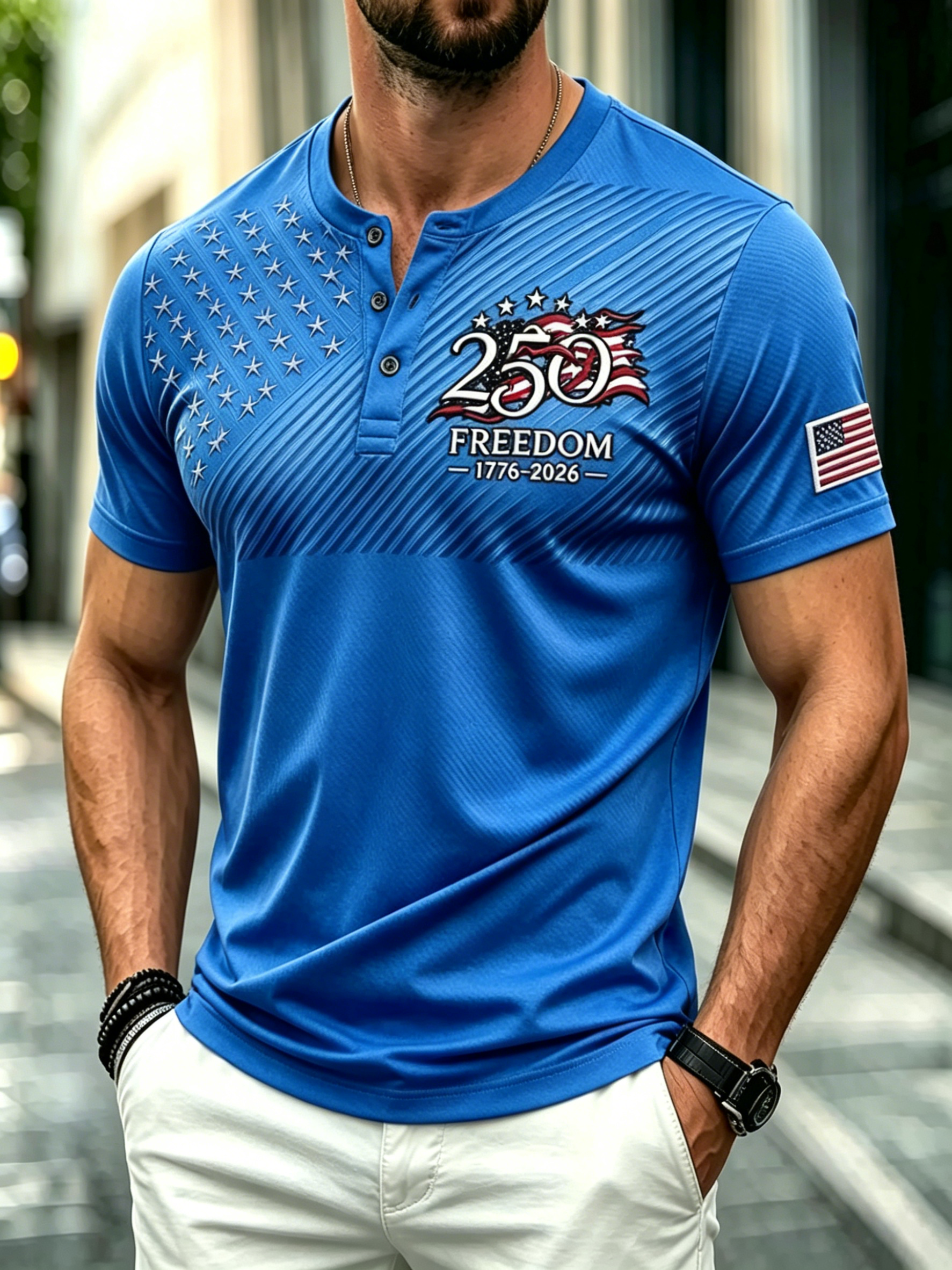 Retro Freedom Graphic Patriotic Casual Short Sleeve Men Streetwear Henley
