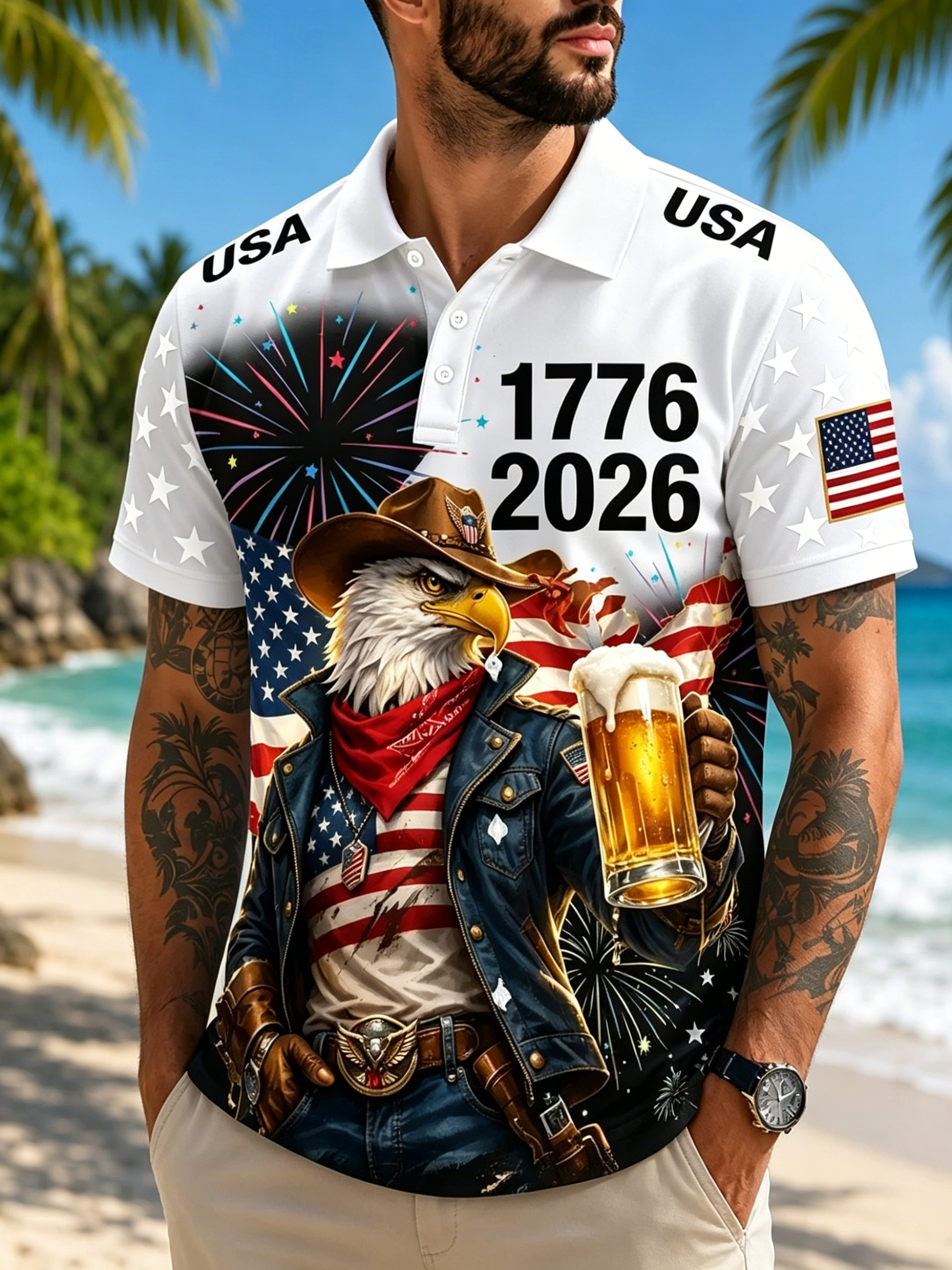 Western Eagle Sunglasses Beer Graphic Streetwear Short Sleeve Mens Blouse
