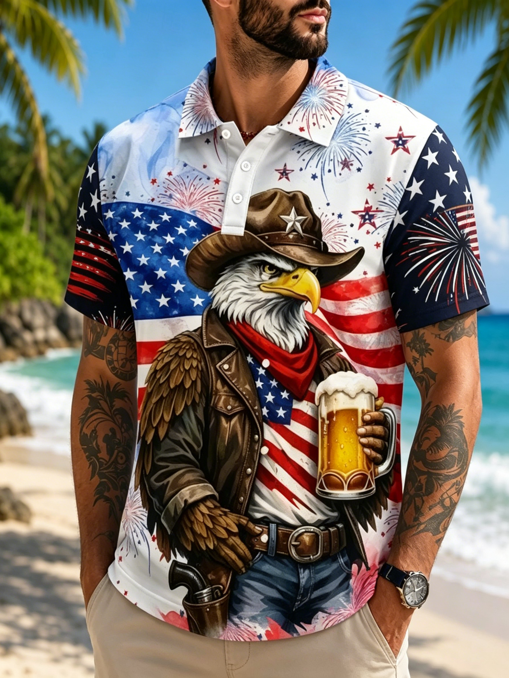 Western Eagle Sunglasses Beer Graphic Streetwear Short Sleeve Mens Blouse