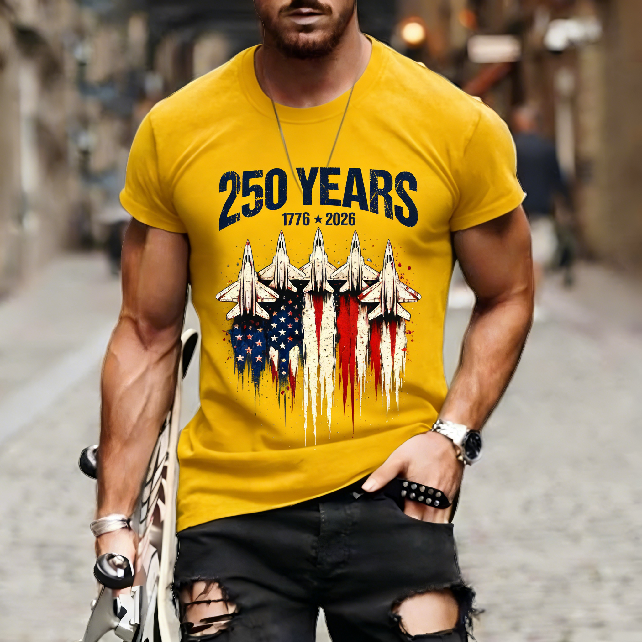 Men's Retro 250th Anniversary of the United States Independence Day Fighter Jet Long Sleeve T-Shirt