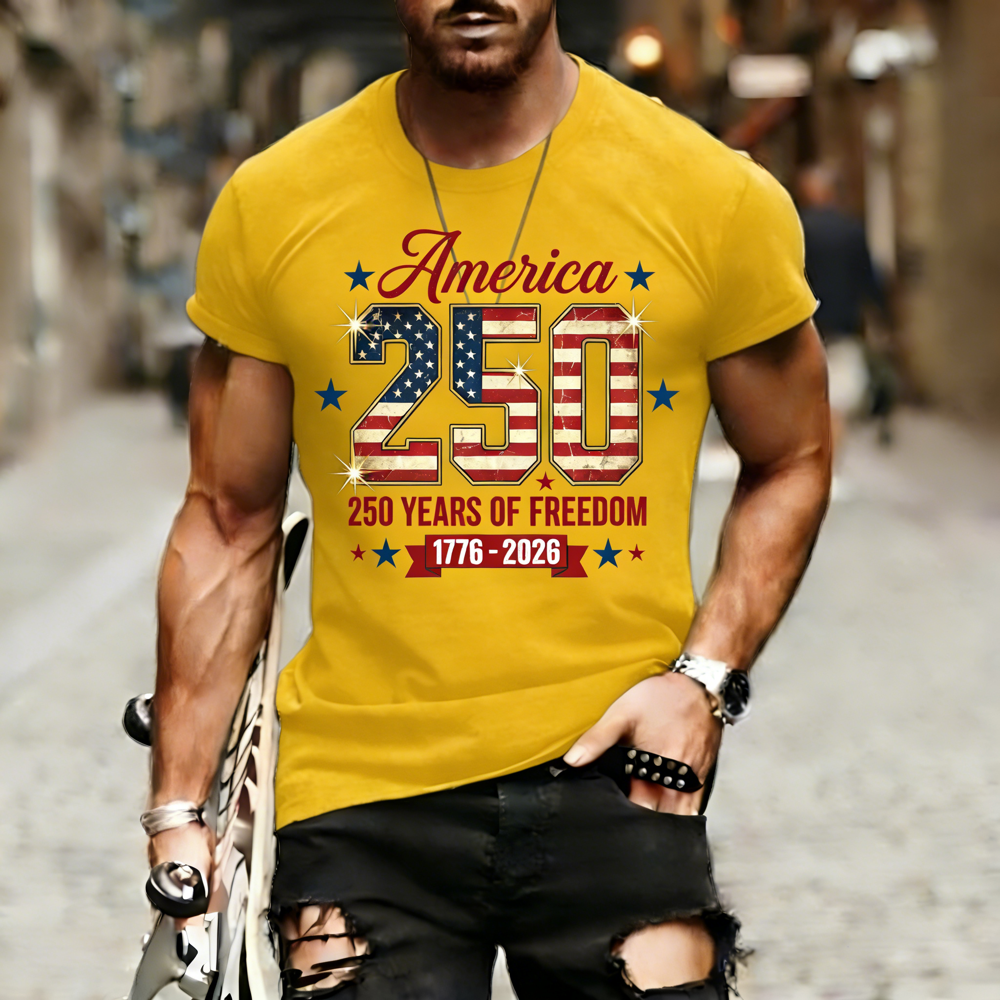 Men's Retro 250th Anniversary of the United States Independence Day America 250 Flag Print T-Shirt