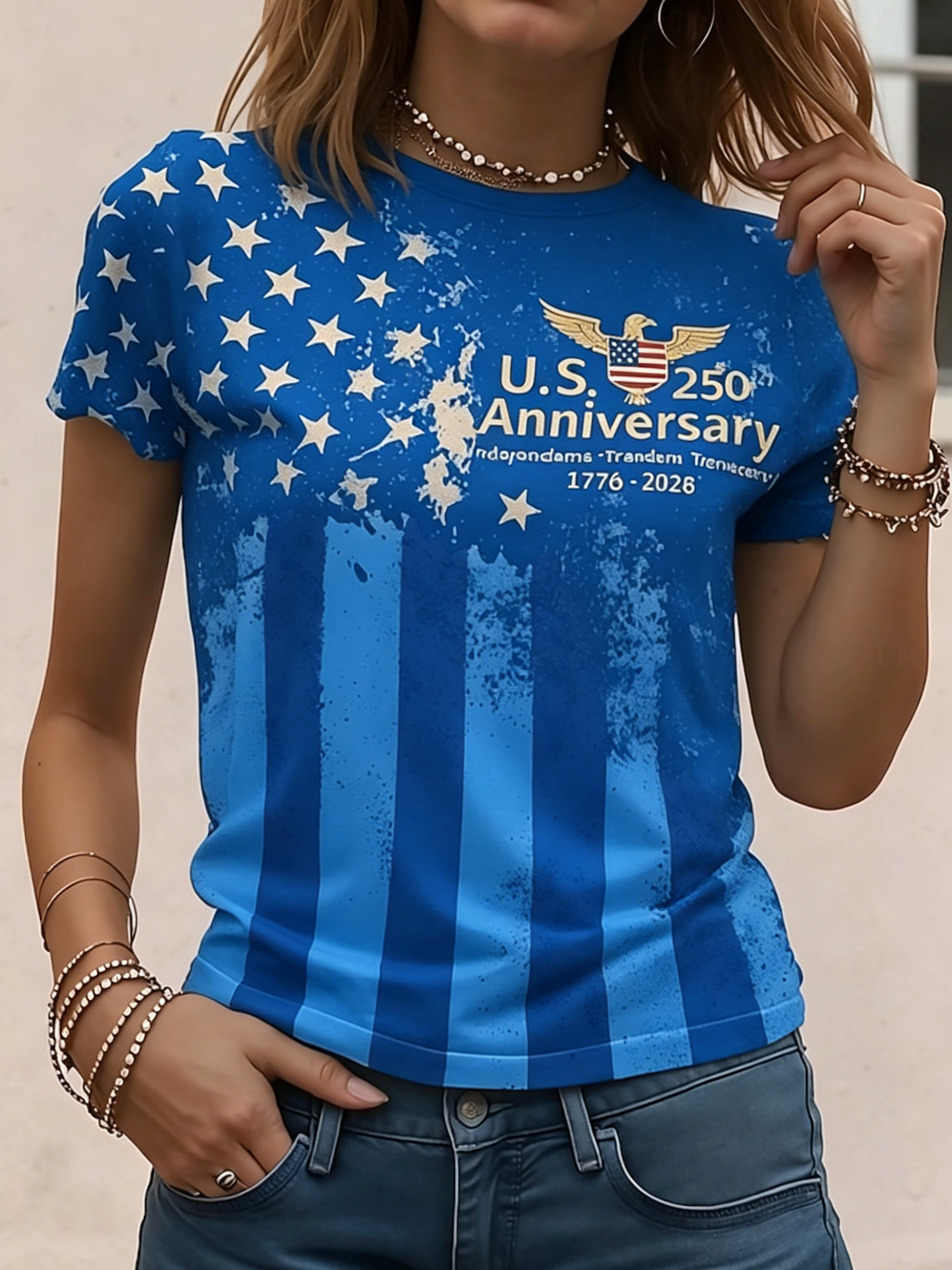 Women’s Vintage American Flag Print T-Shirt, U.S. 250th Anniversary Patriotic Short Sleeve Tee