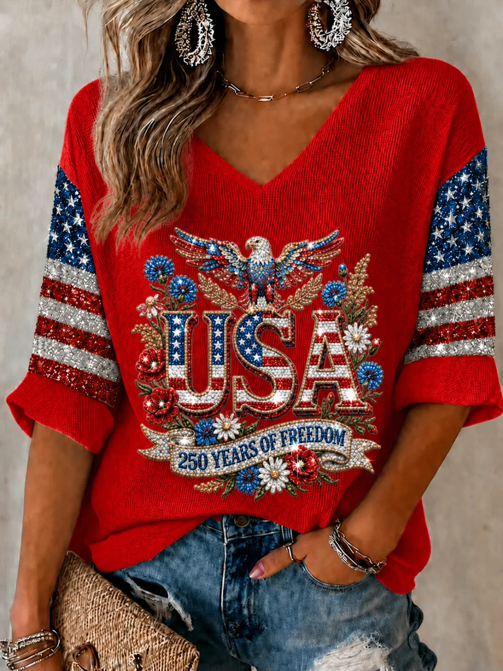 Women's USA 250th Anniversary "250 Years of Freedom" Eagle Print 3/4 Sleeve V-Neck Top