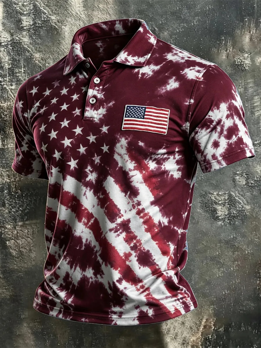 [Copy]Men's Vintage USA Flag 1776-2026 Short-Sleeve Button-Down Shirt - Patriotic "We The People" Print