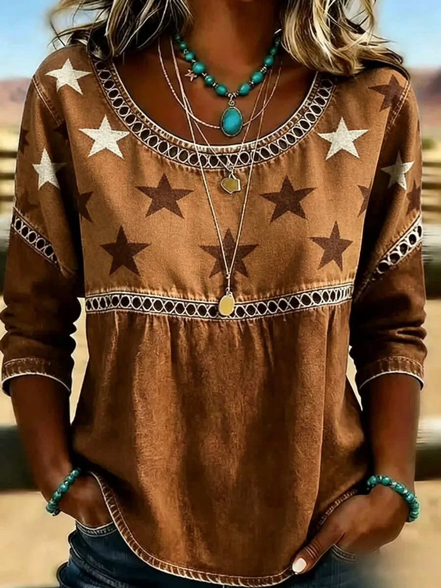 Western Star Denim Tunic Top | Boho Style Casual Long Sleeve Blouse