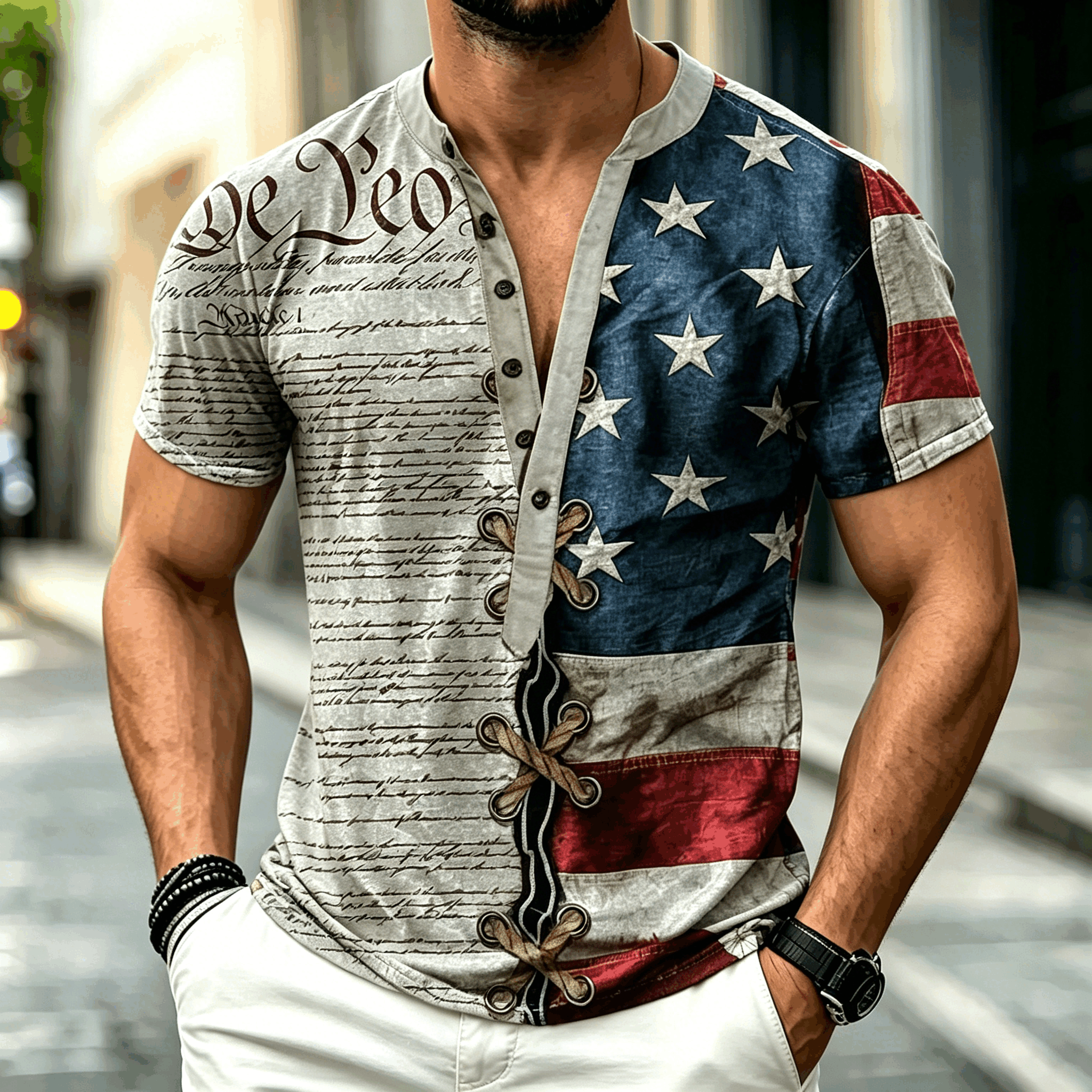 Vintage We The People American Flag Men Lace Up Henley Short Sleeve Shirt