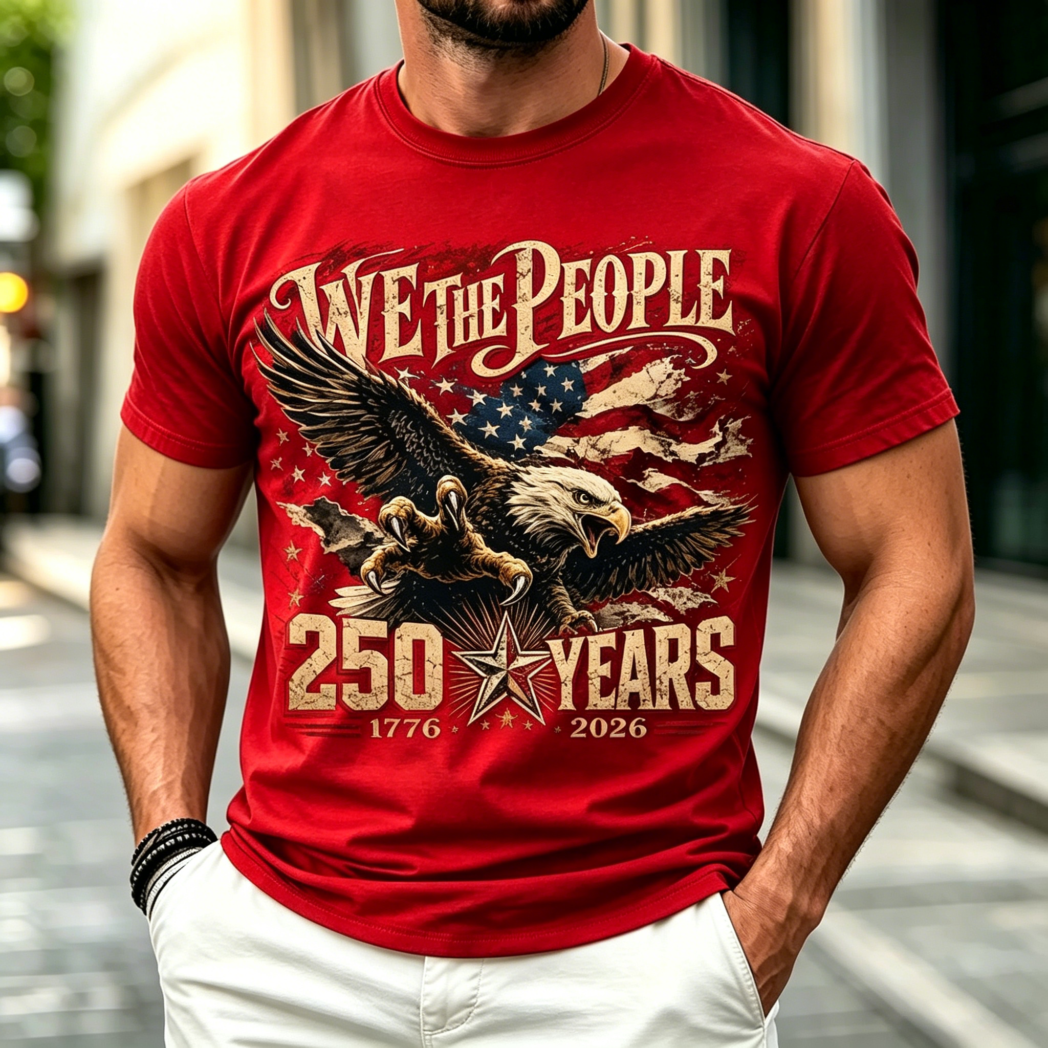 Men We The People Eagle American Flag Patriotic Short Sleeve Crew Neck Casual T-Shirt