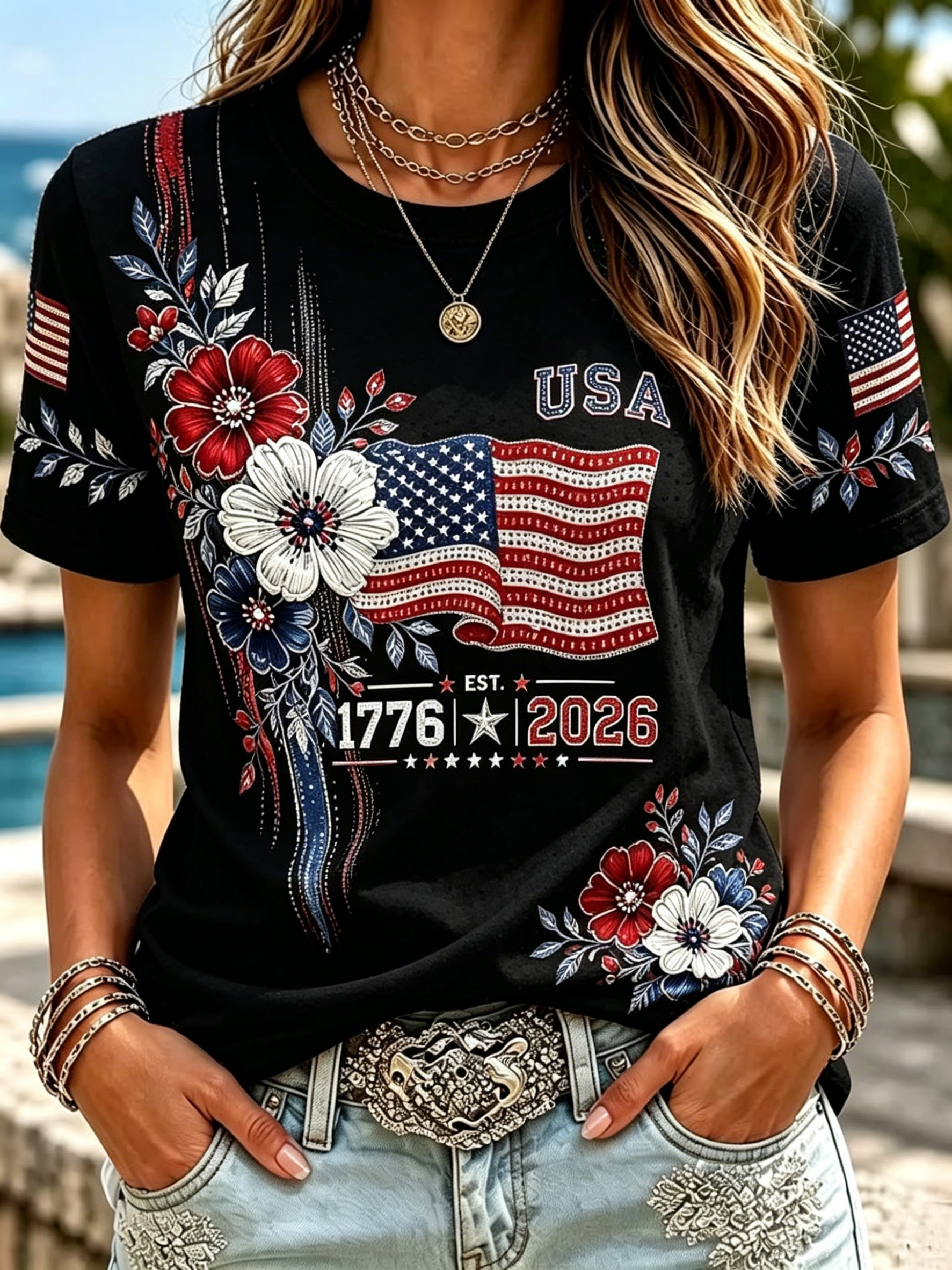 Vintage Distressed Sparkle Patriotic Floral US Flag Printed Short Sleeve Crew Neck Women Holiday T-Shirt