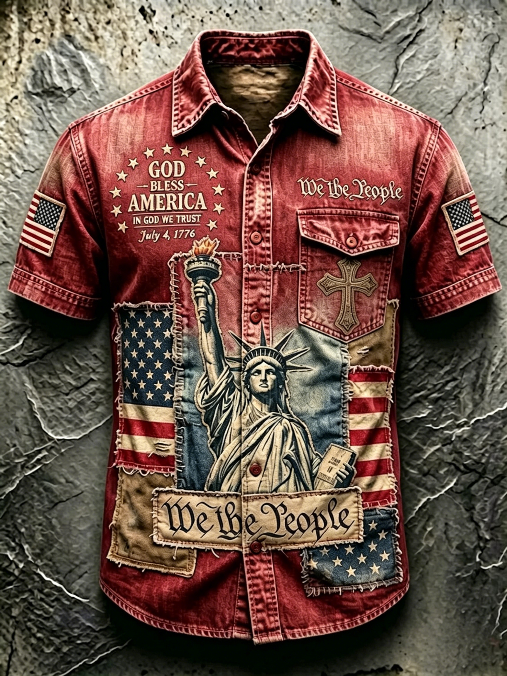 Men's Vintage Statue Of Liberty Flag Graphic Short Sleeve Button Down Denim Shirt