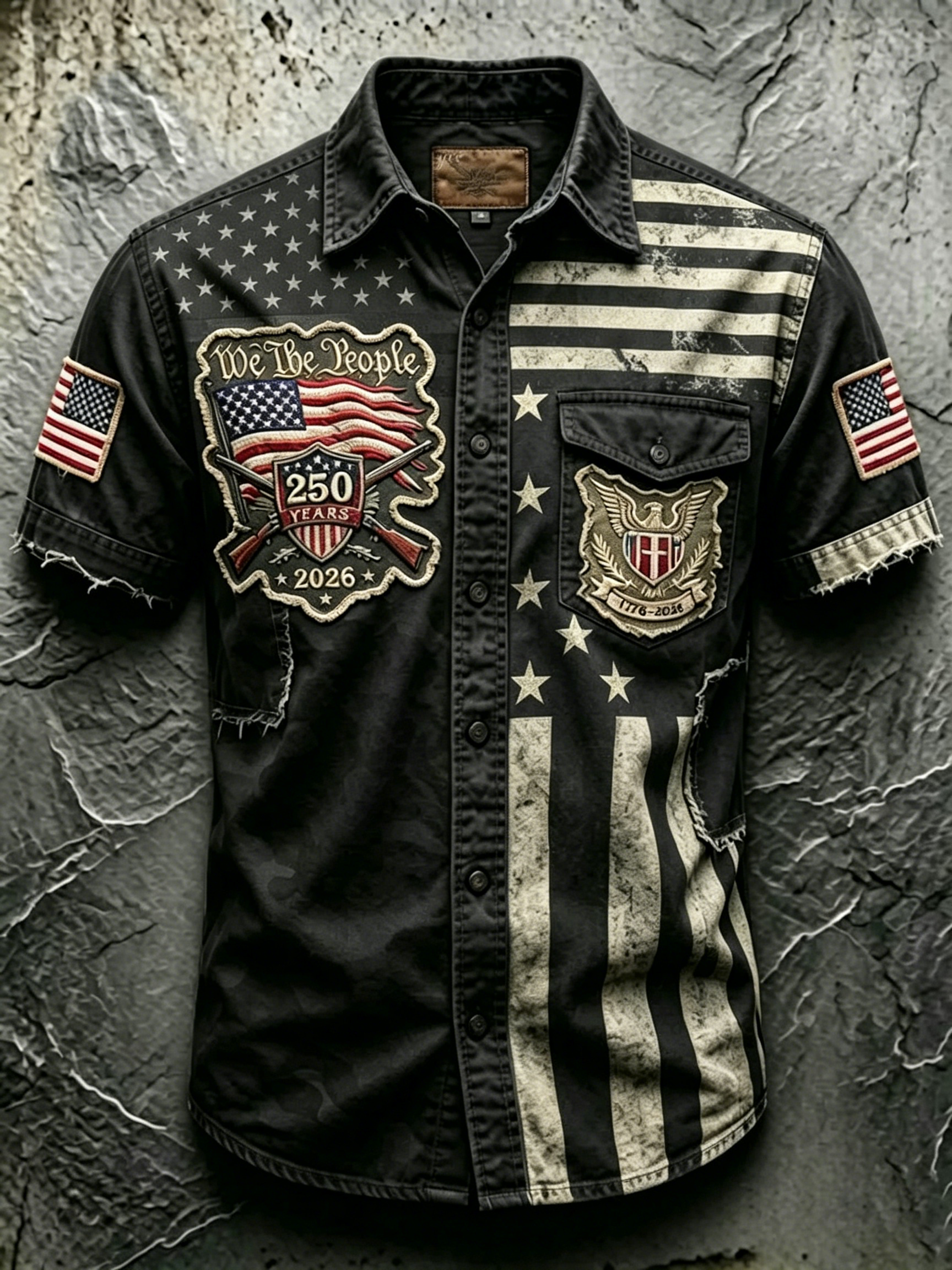 Frayed Edge Camo Patriotic Letter Print Lapel Collar Casual Denim Shirt For Men