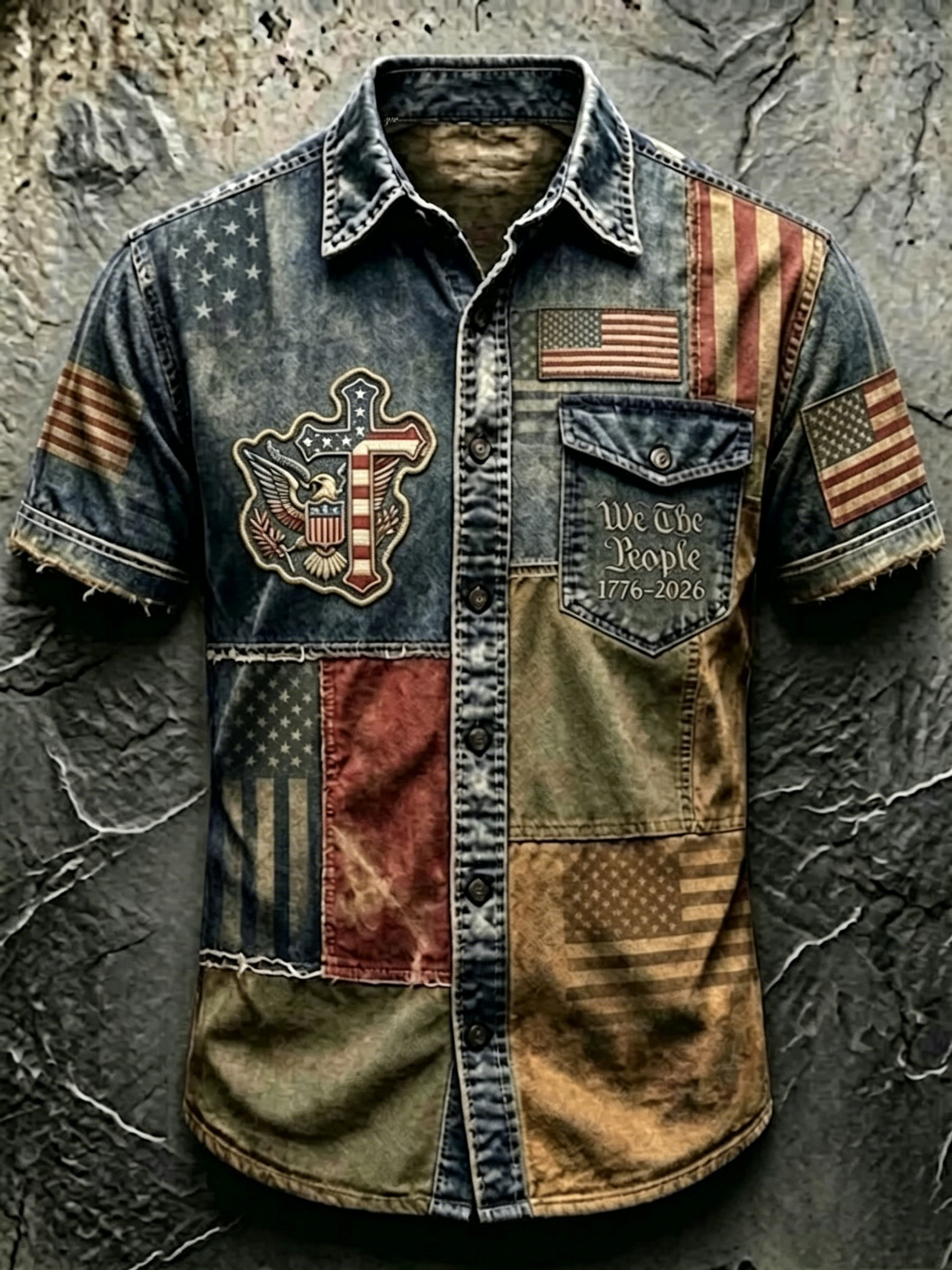 [Copy]Frayed Edge Camo Patriotic Letter Print Lapel Collar Casual Denim Shirt For Men