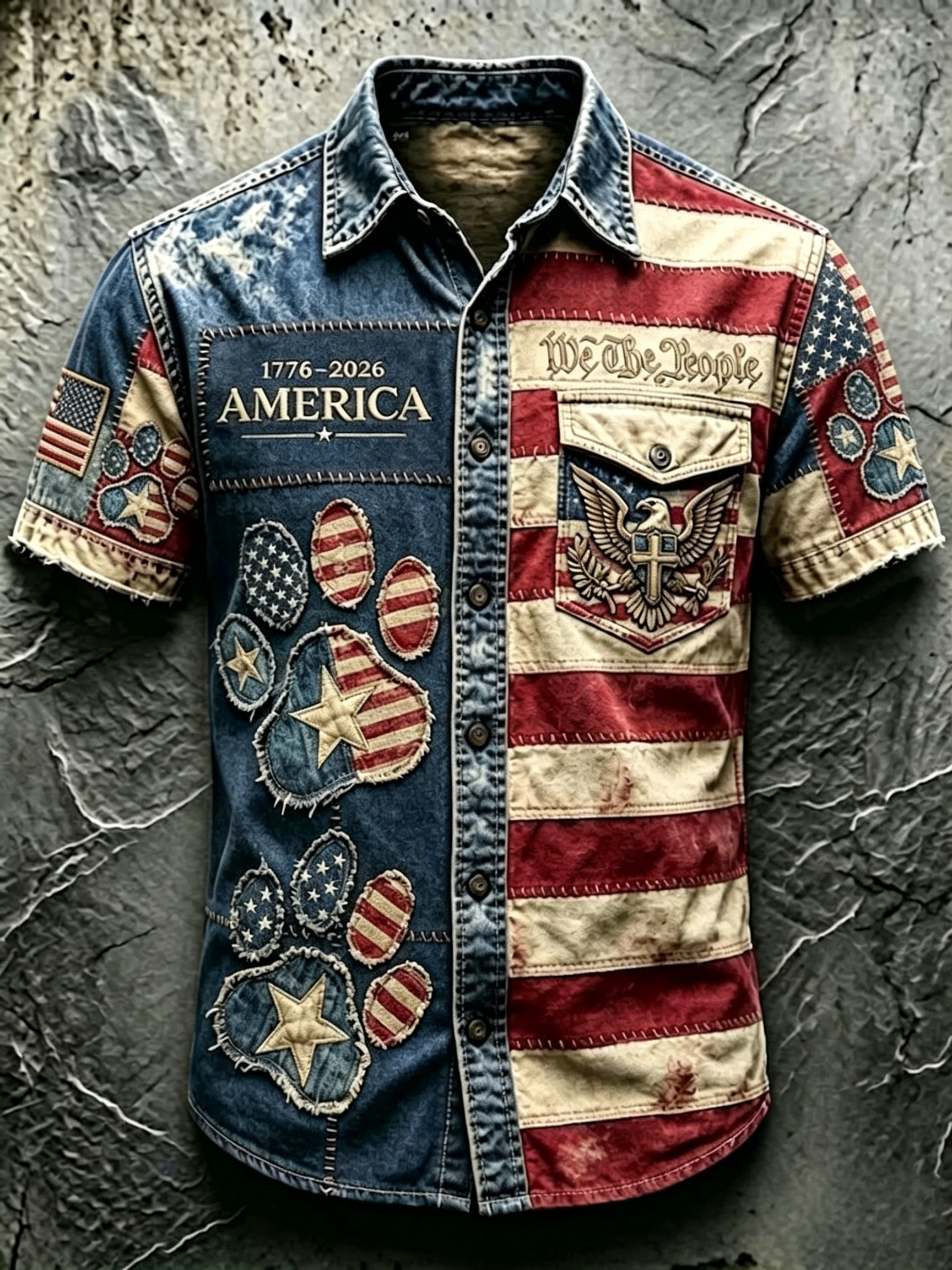 Frayed Edge Color Block Flag Patchwork Casual Denim Shirt For Men