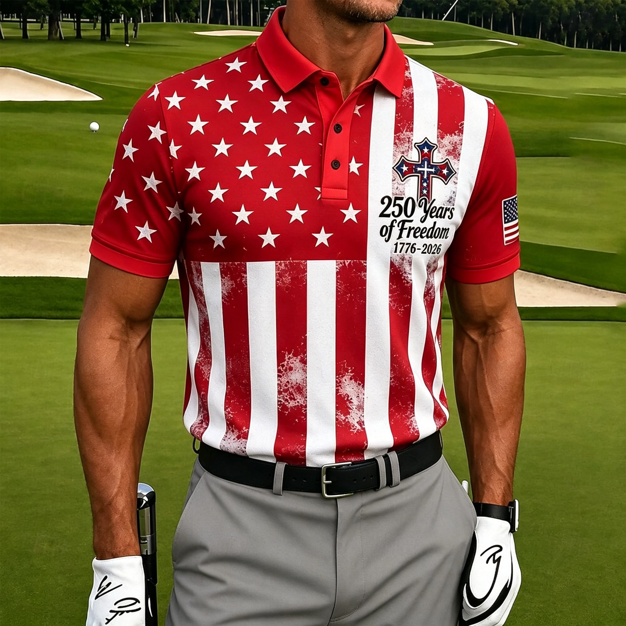Men's Patriotic 250th Anniversary USA Flag Golf Polo – 1776–2026 Commemorative