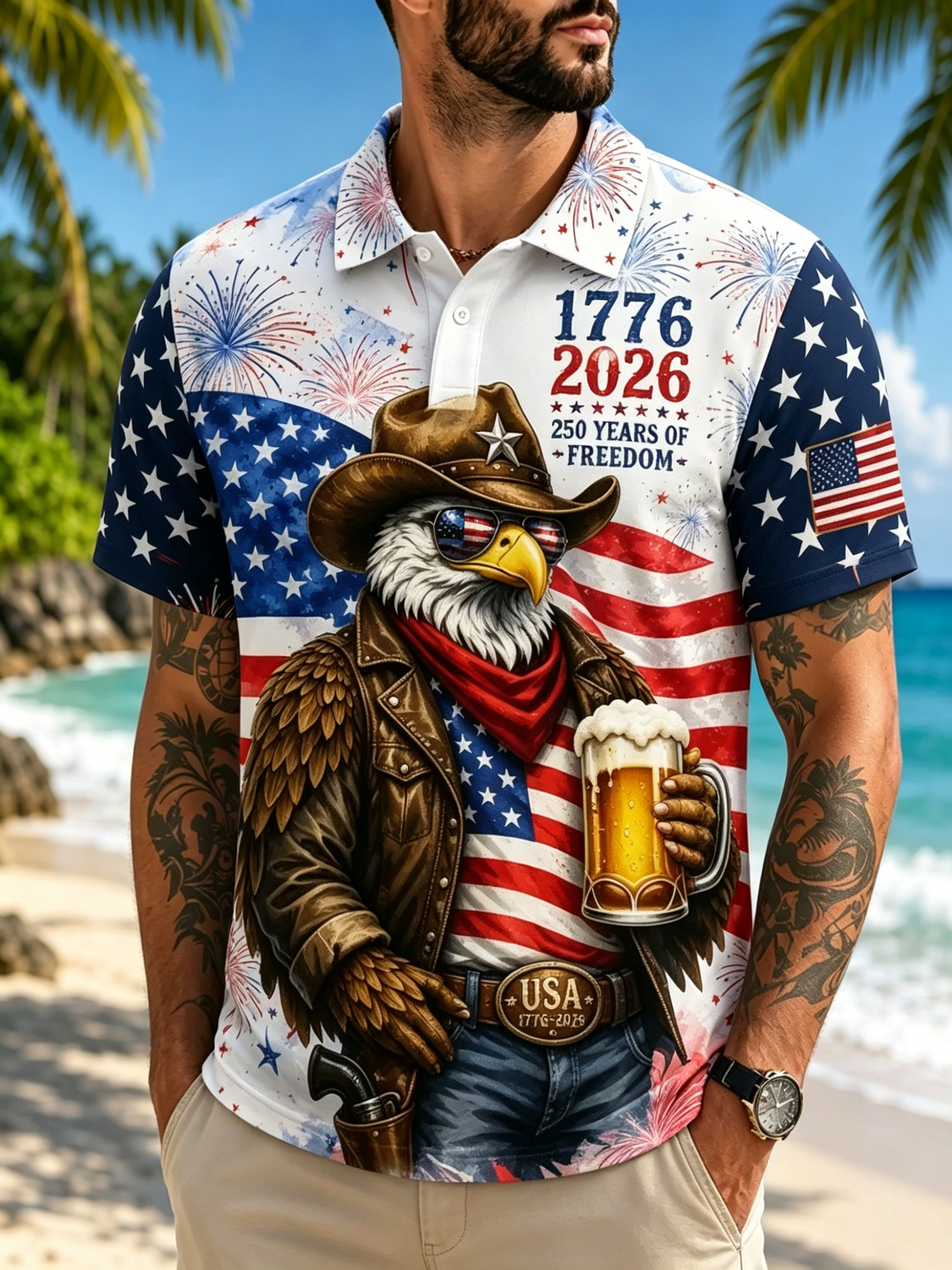Western Eagle Sunglasses Beer Graphic Streetwear Short Sleeve Mens Blouse