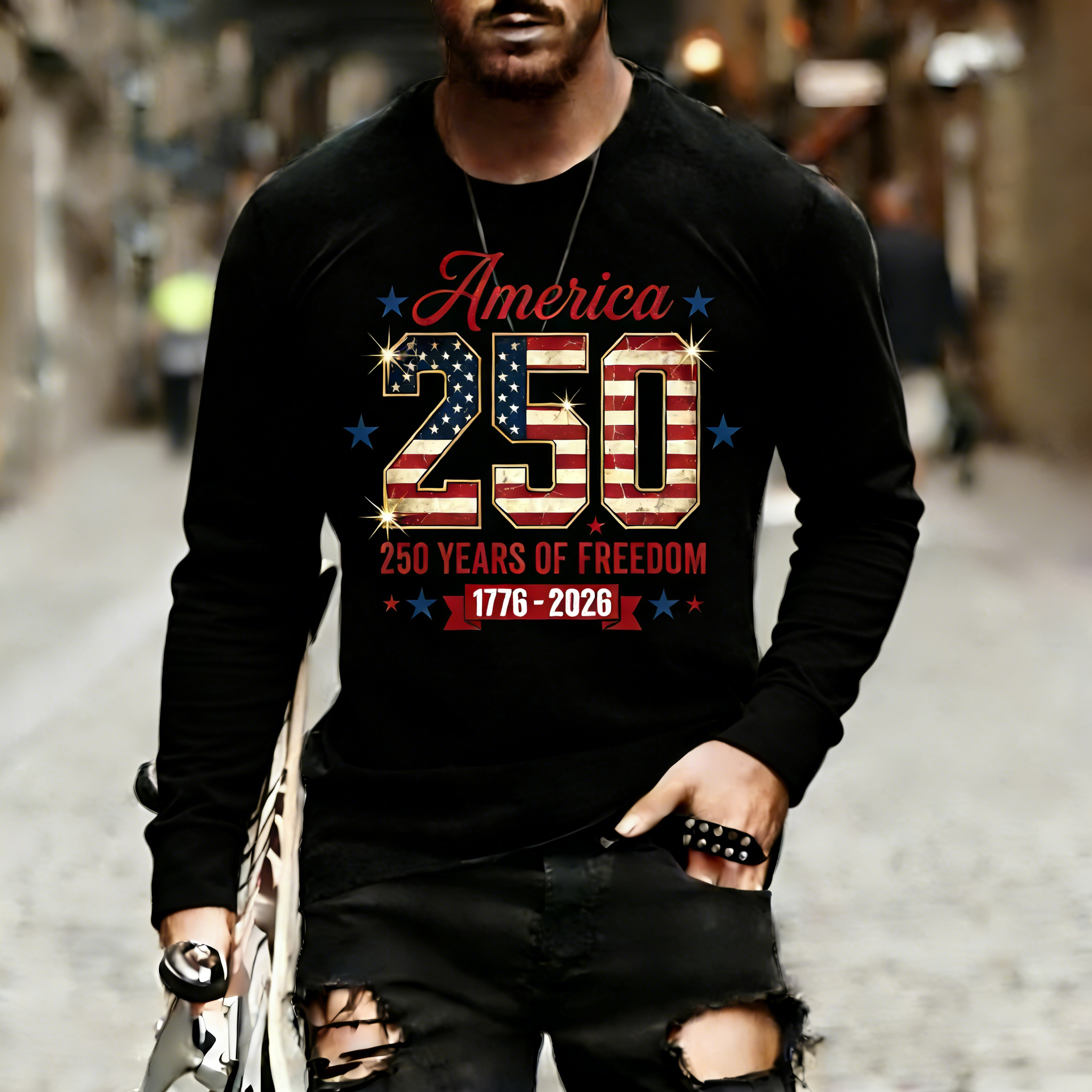 Men's Retro 250th Anniversary of the United States Independence Day America 250 Flag Print T-Shirt