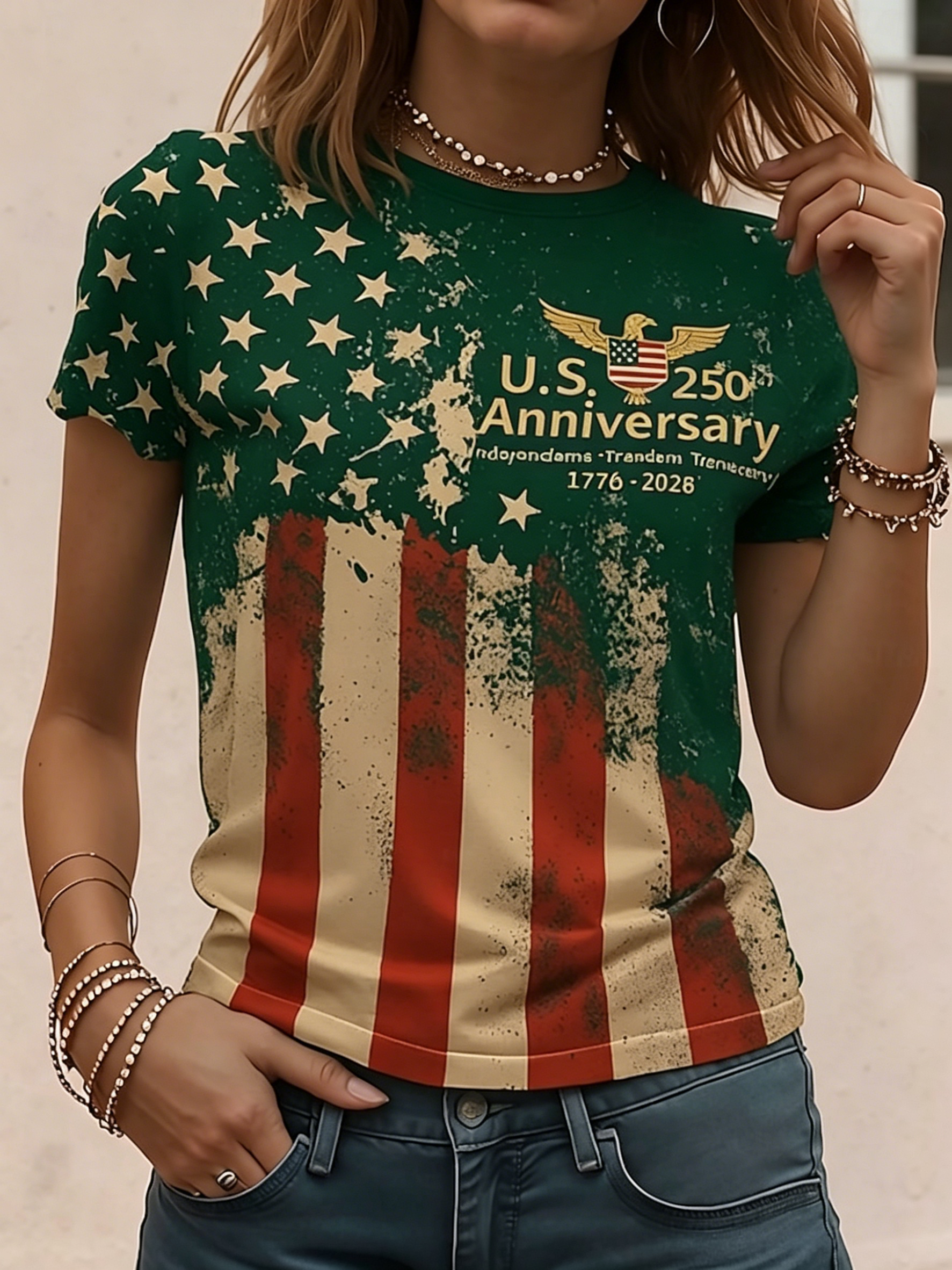 Women’s Vintage American Flag Print T-Shirt, U.S. 250th Anniversary Patriotic Short Sleeve Tee