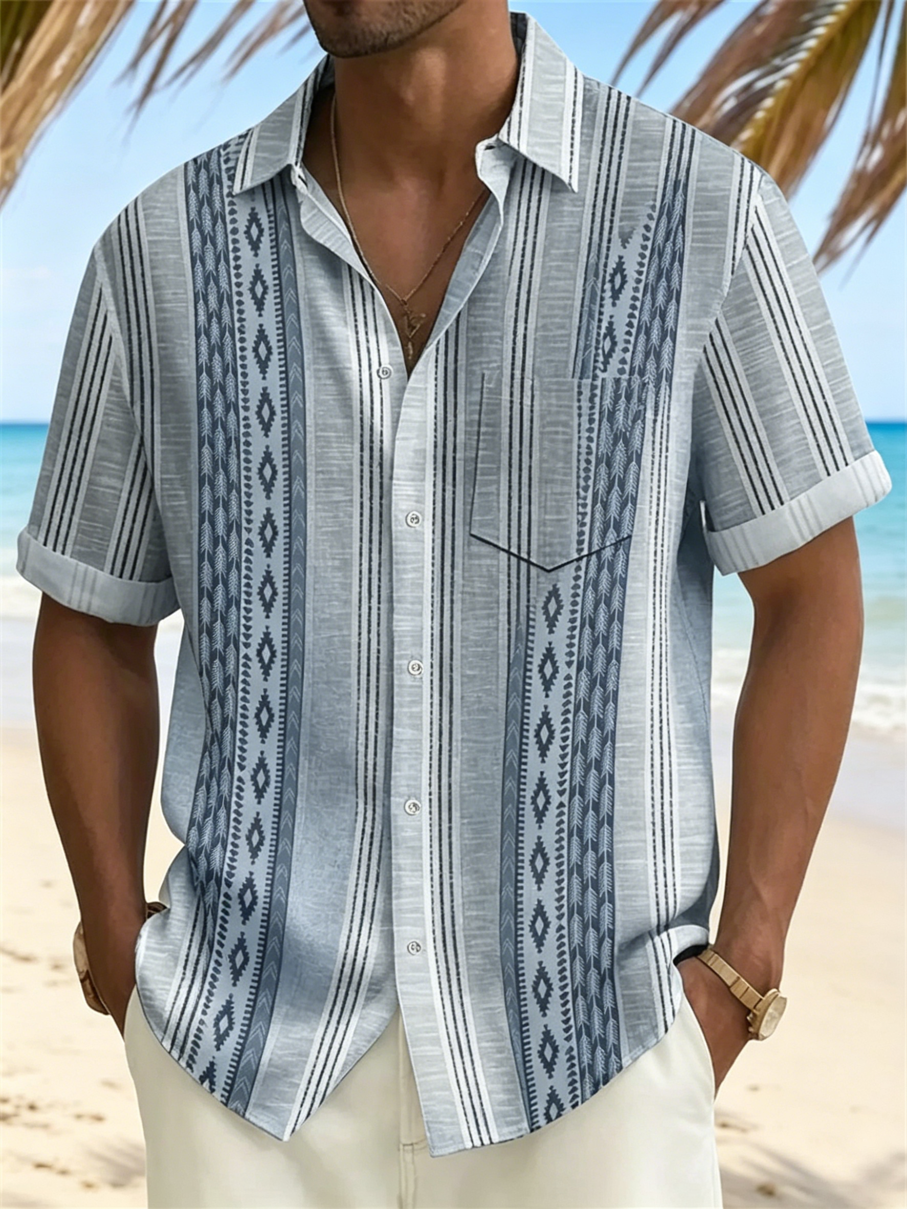 Artistic Bamboo Printed Collared Shirt, Great for Summer Outdoor Activities, Cruise Trips and Casual Night Occasions