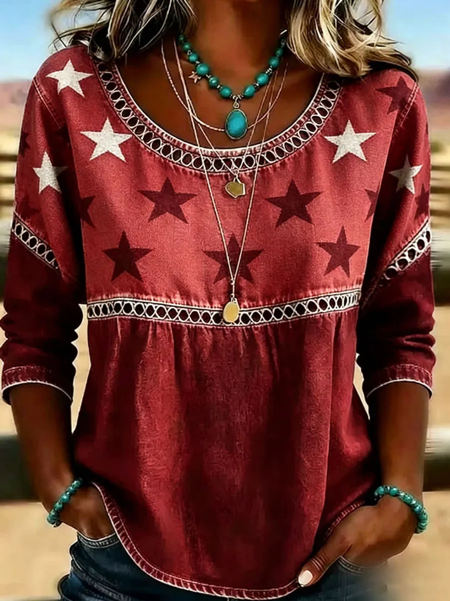 Western Star Denim Tunic Top | Boho Style Casual Long Sleeve Blouse