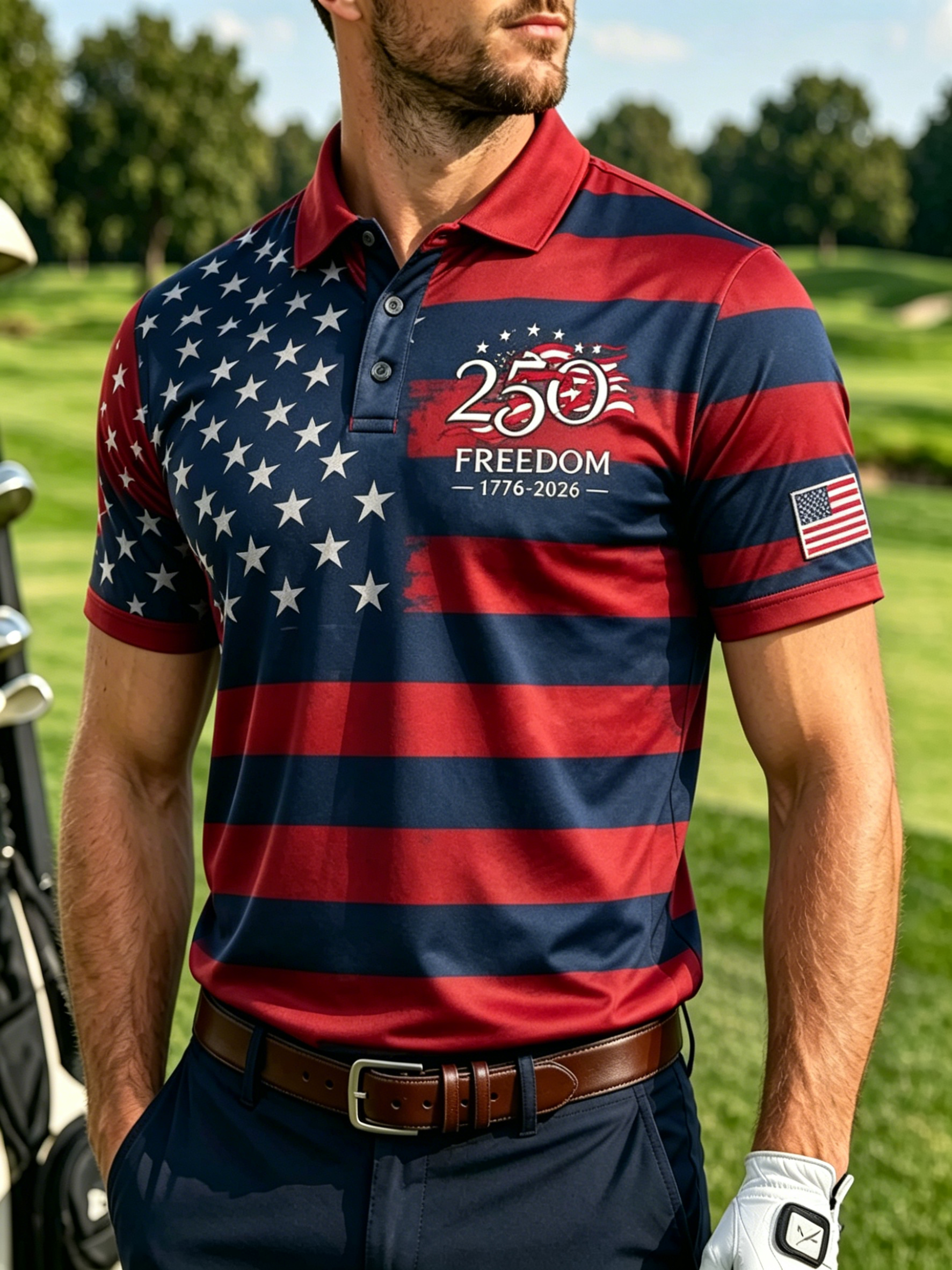 Men Split Star Stripe American Flag 250 Years Freedom Patriotic Golf Polo Shirt