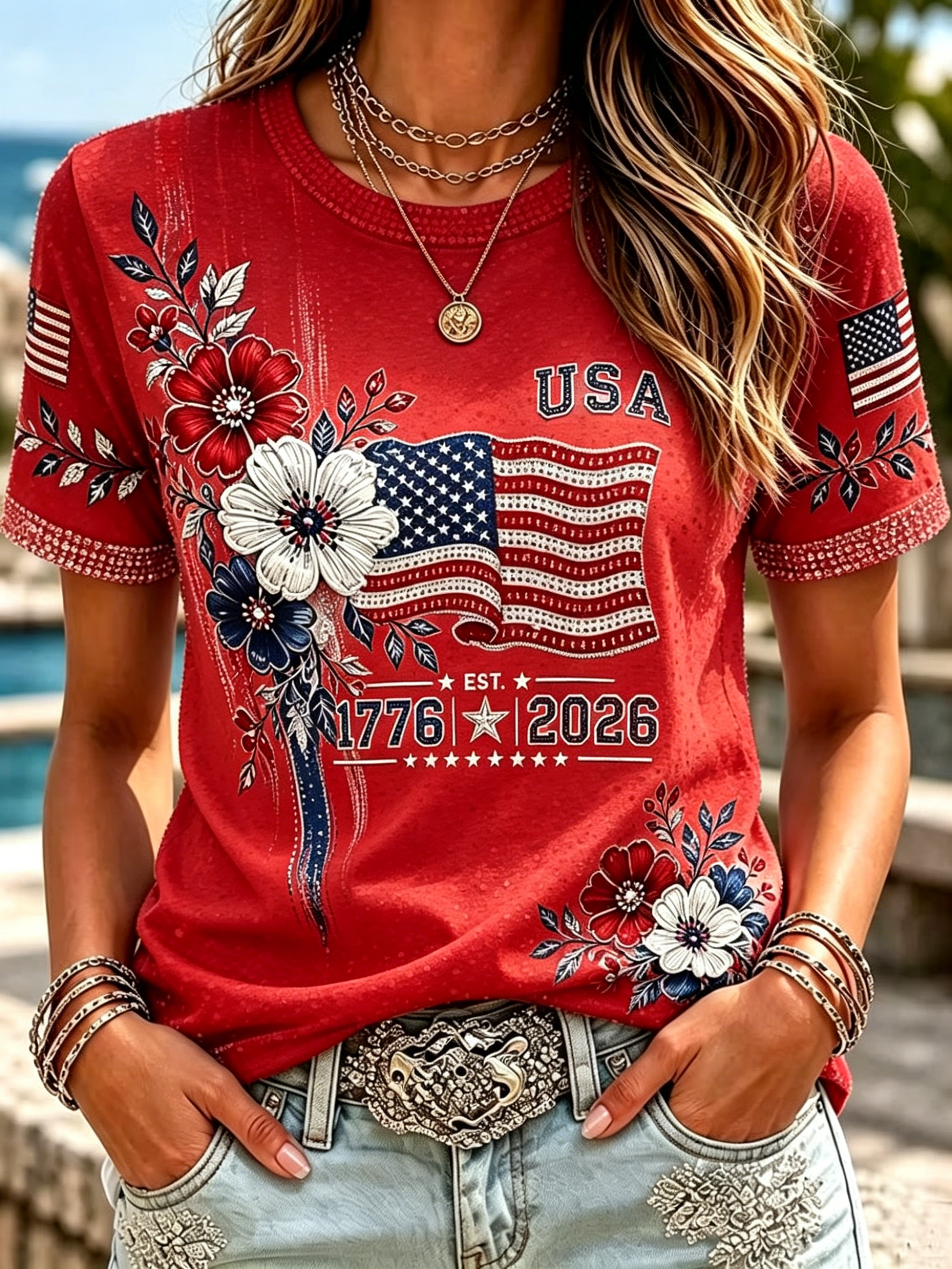 Vintage Distressed Sparkle Patriotic Floral US Flag Printed Short Sleeve Crew Neck Women Holiday T-Shirt