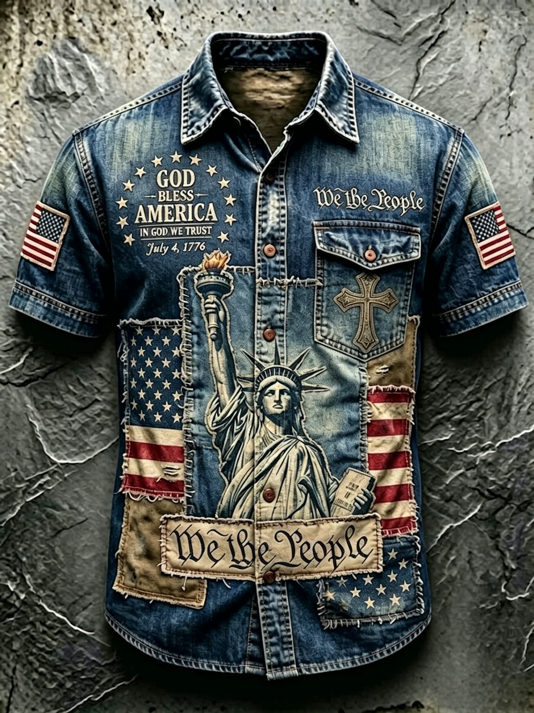 Men's Vintage Statue Of Liberty Flag Graphic Short Sleeve Button Down Denim Shirt
