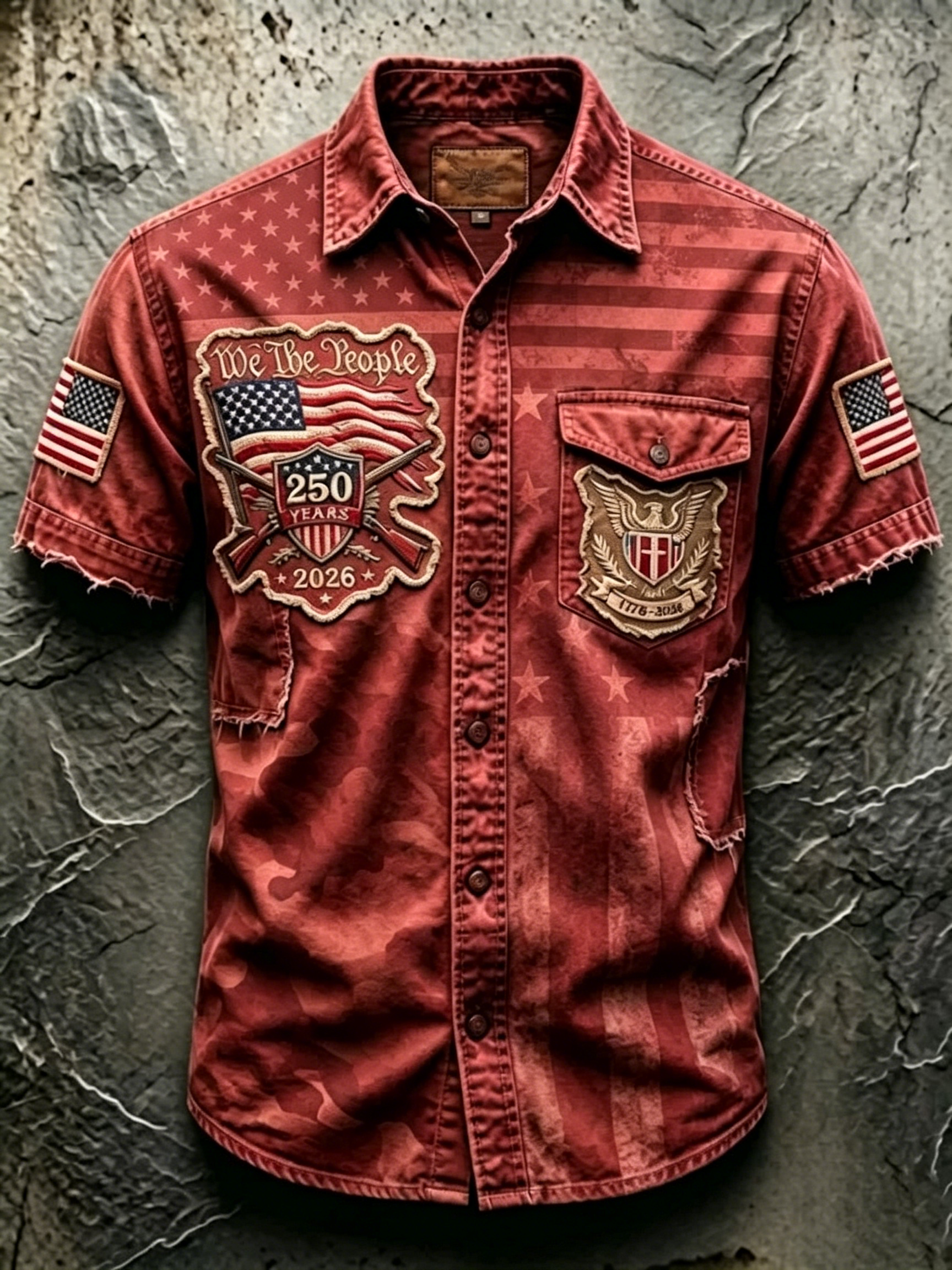Frayed Edge Camo Patriotic Letter Print Lapel Collar Casual Denim Shirt For Men
