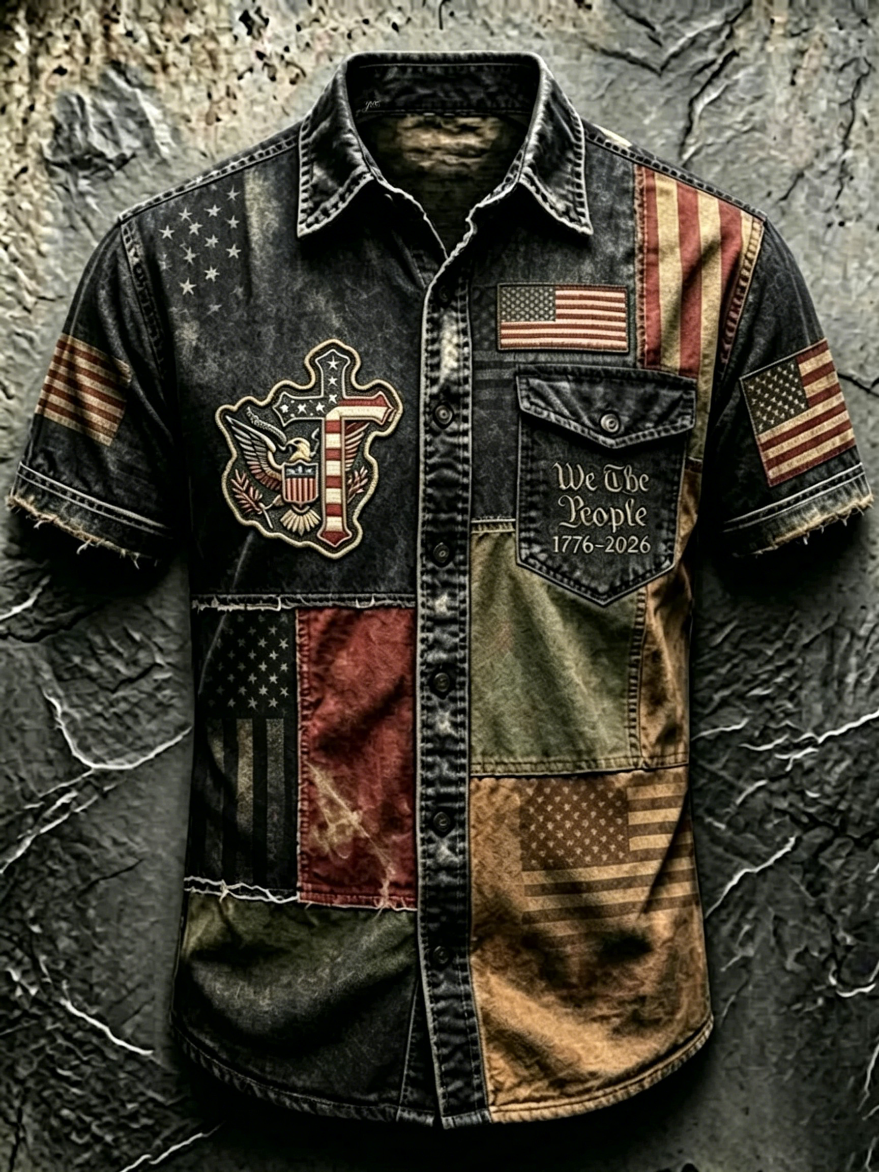 [Copy]Frayed Edge Camo Patriotic Letter Print Lapel Collar Casual Denim Shirt For Men