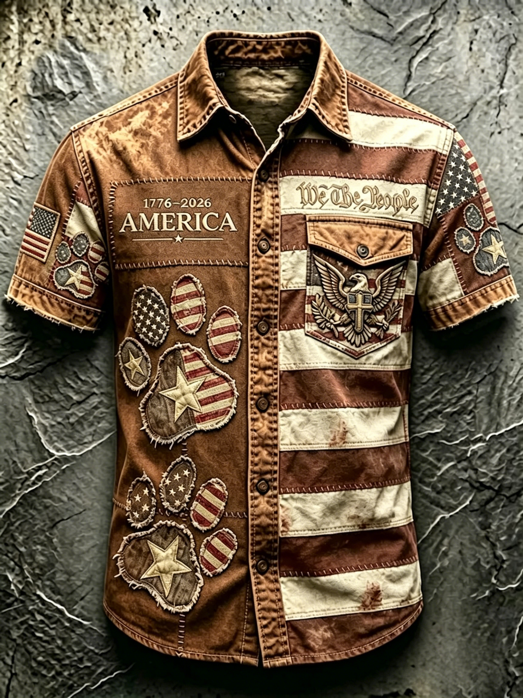 Frayed Edge Color Block Flag Patchwork Casual Denim Shirt For Men