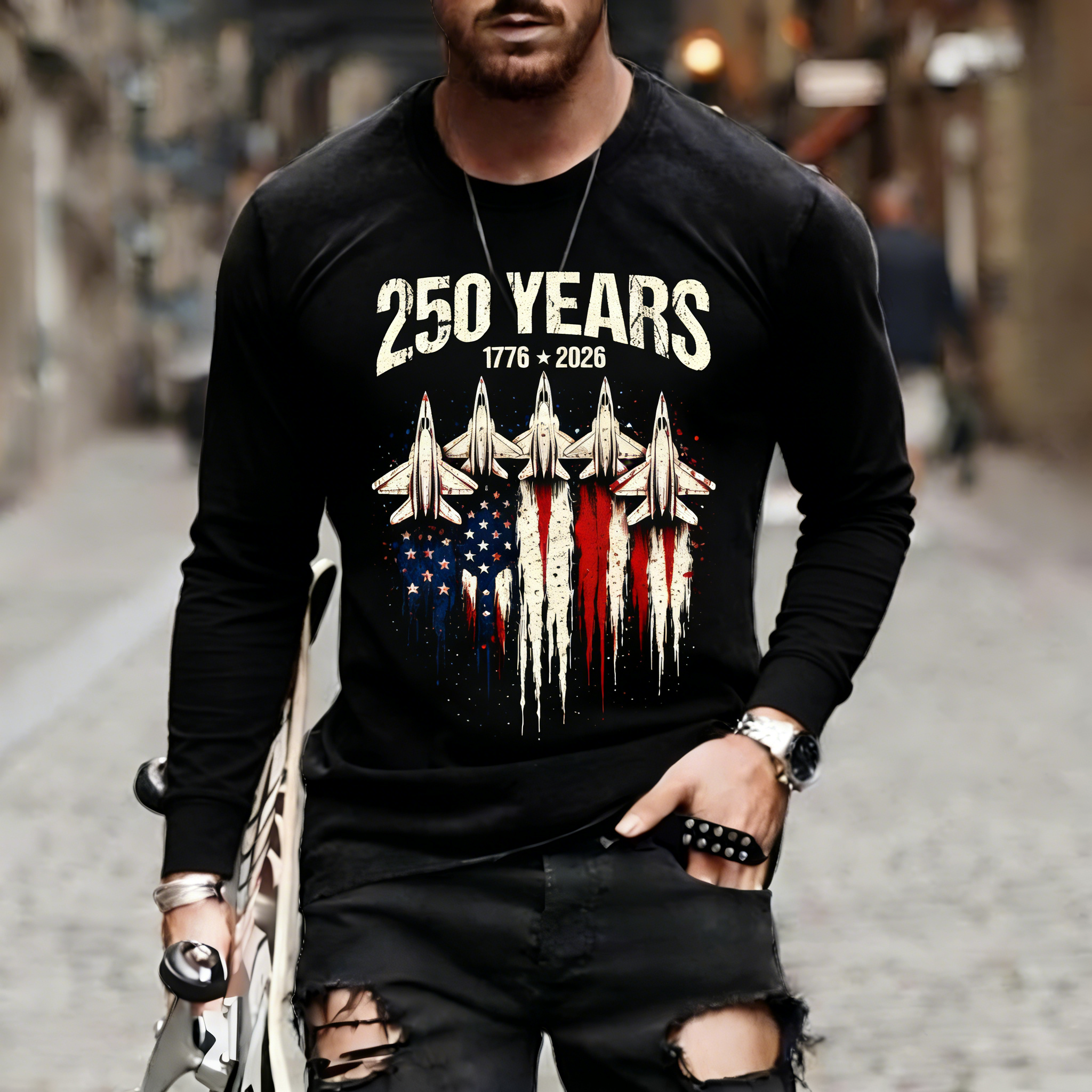Men's Retro 250th Anniversary of the United States Independence Day Fighter Jet Long Sleeve T-Shirt