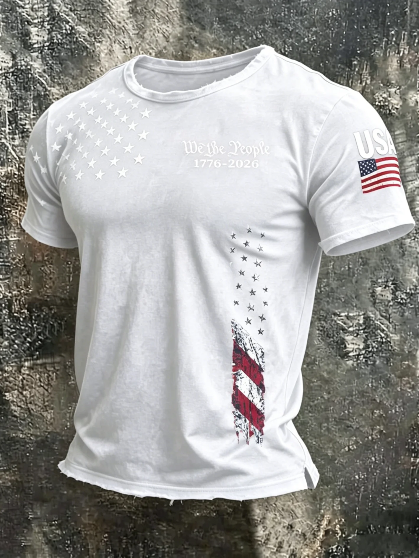 Men's America 250Th Anniversary We The People Distressed Fringed Flag Print T-Shirt