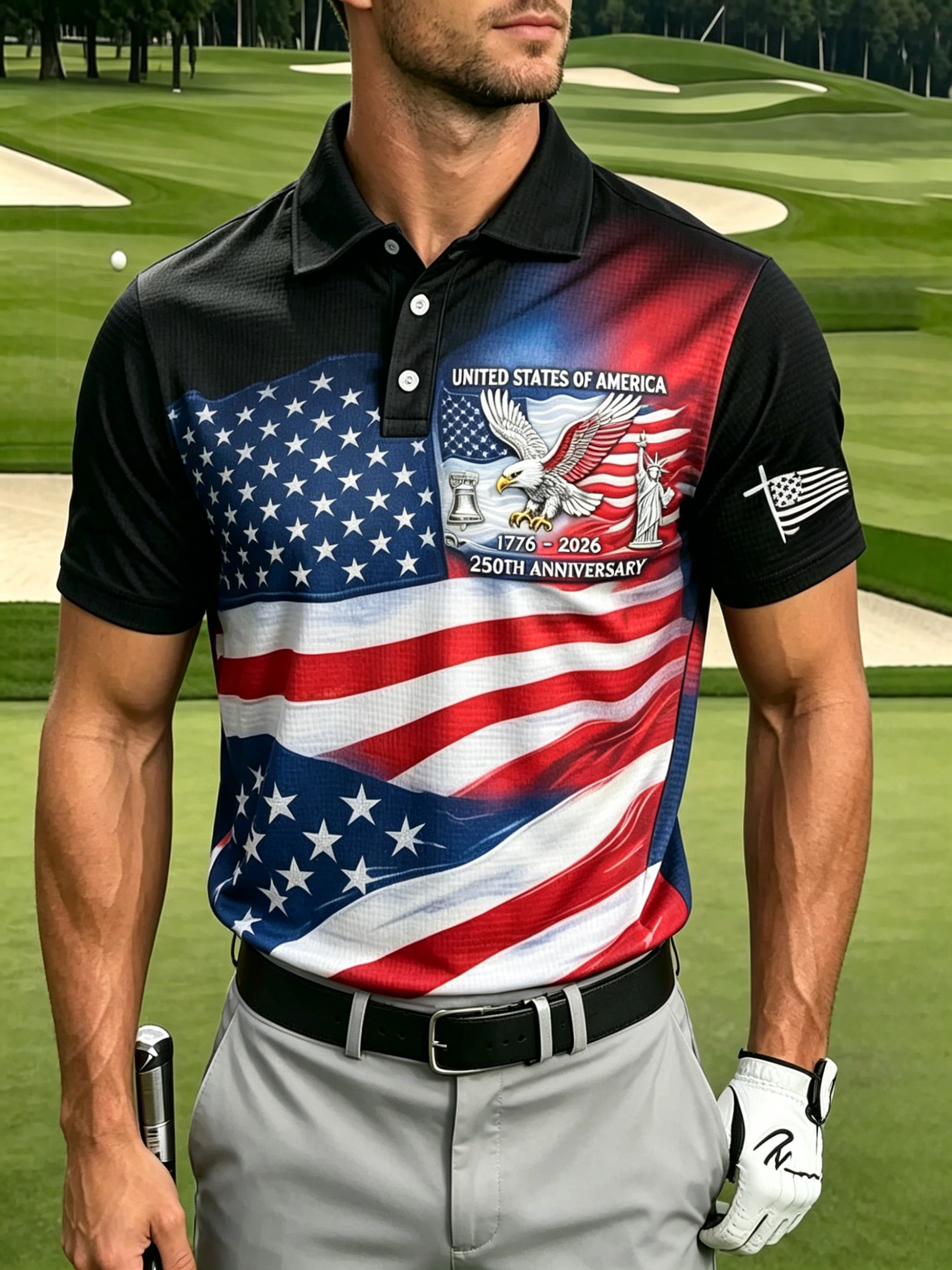 Waffle Knit Breathable Patriotic USA Sleeve Patch Collared Mens Polo