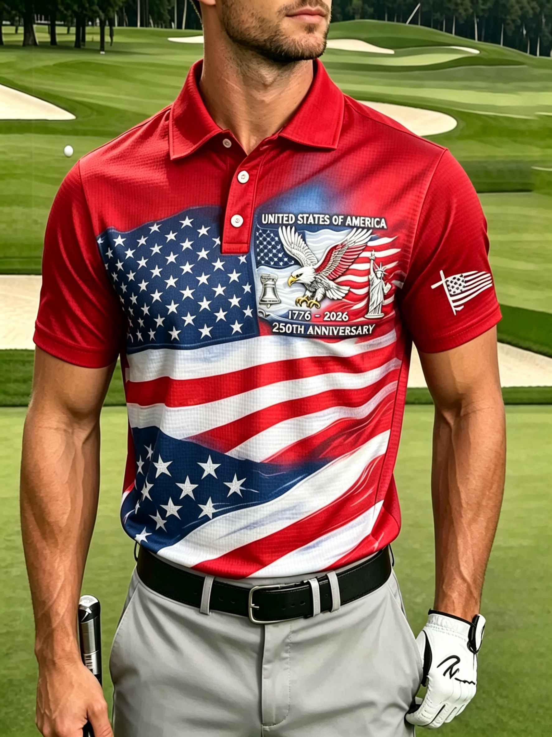 Waffle Knit Breathable Patriotic USA Sleeve Patch Collared Mens Polo