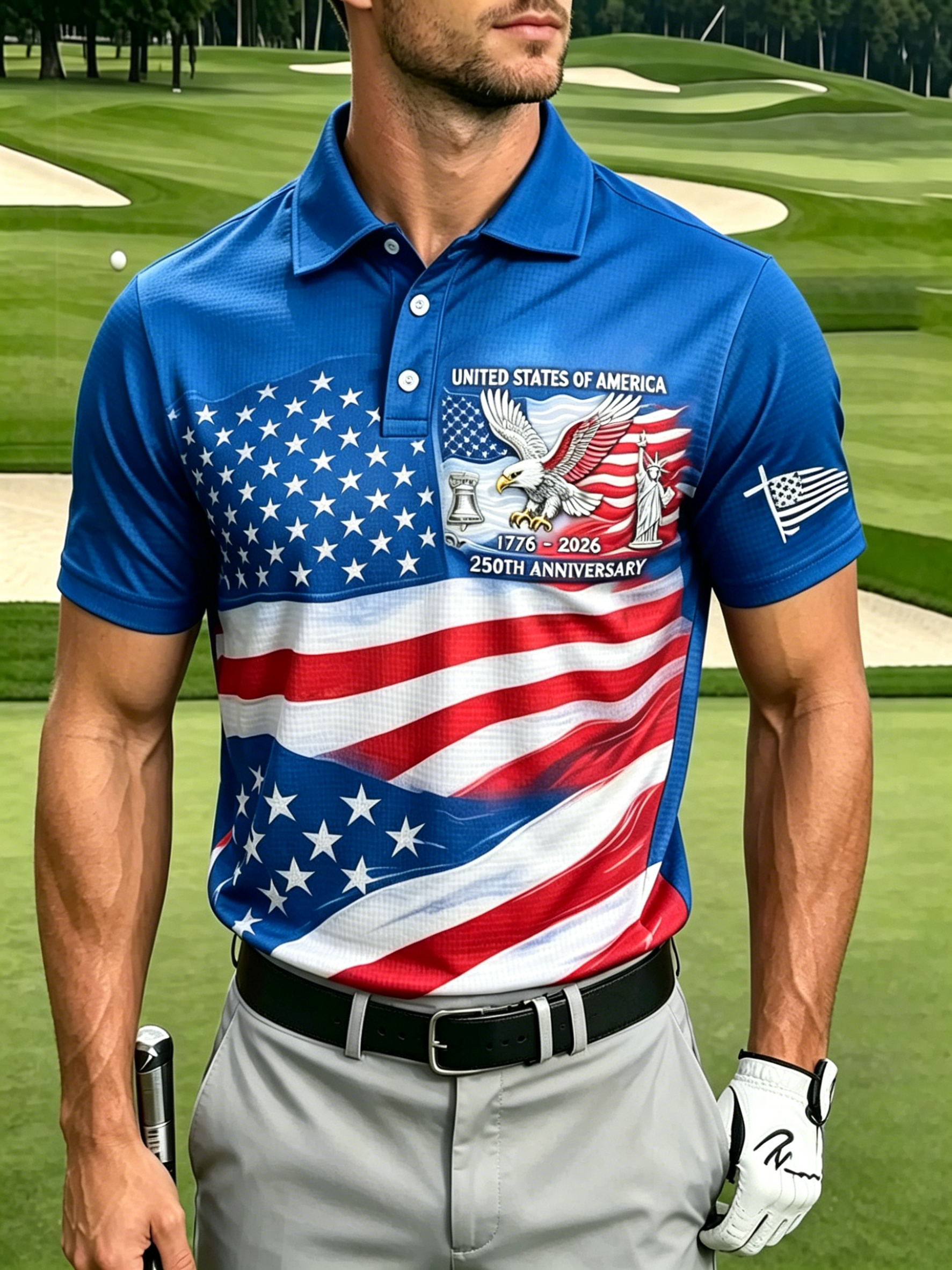 Waffle Knit Breathable Patriotic USA Sleeve Patch Collared Mens Polo
