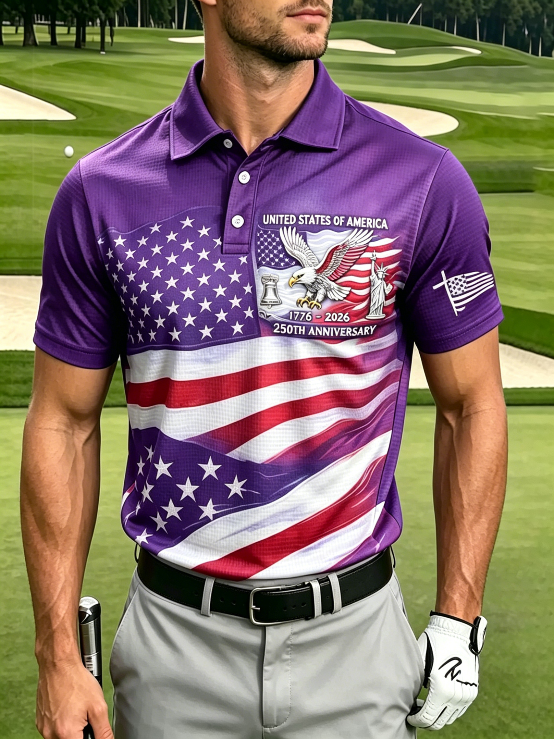 Waffle Knit Breathable Patriotic USA Sleeve Patch Collared Mens Polo