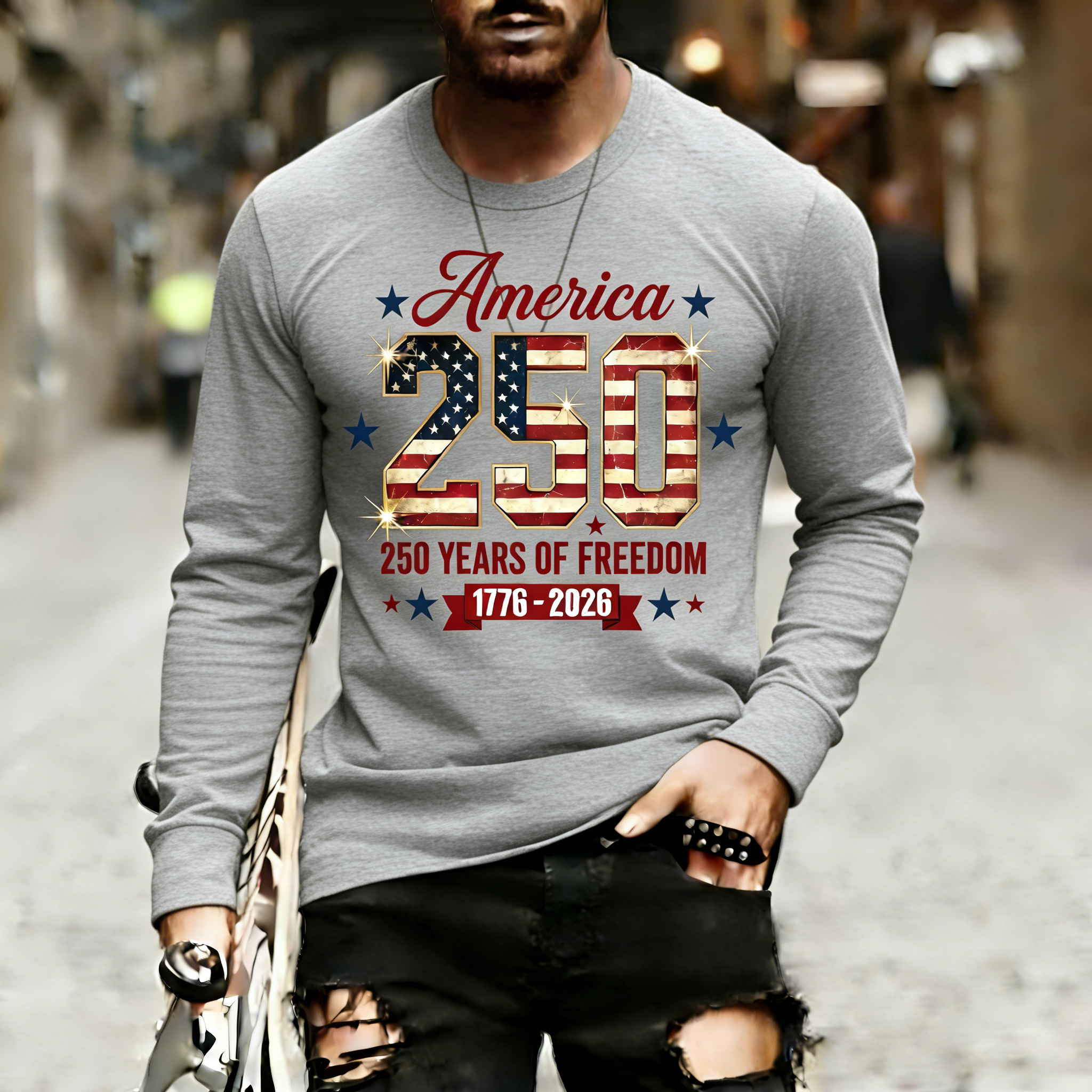 Men's Retro 250th Anniversary of the United States Independence Day America 250 Flag Print T-Shirt