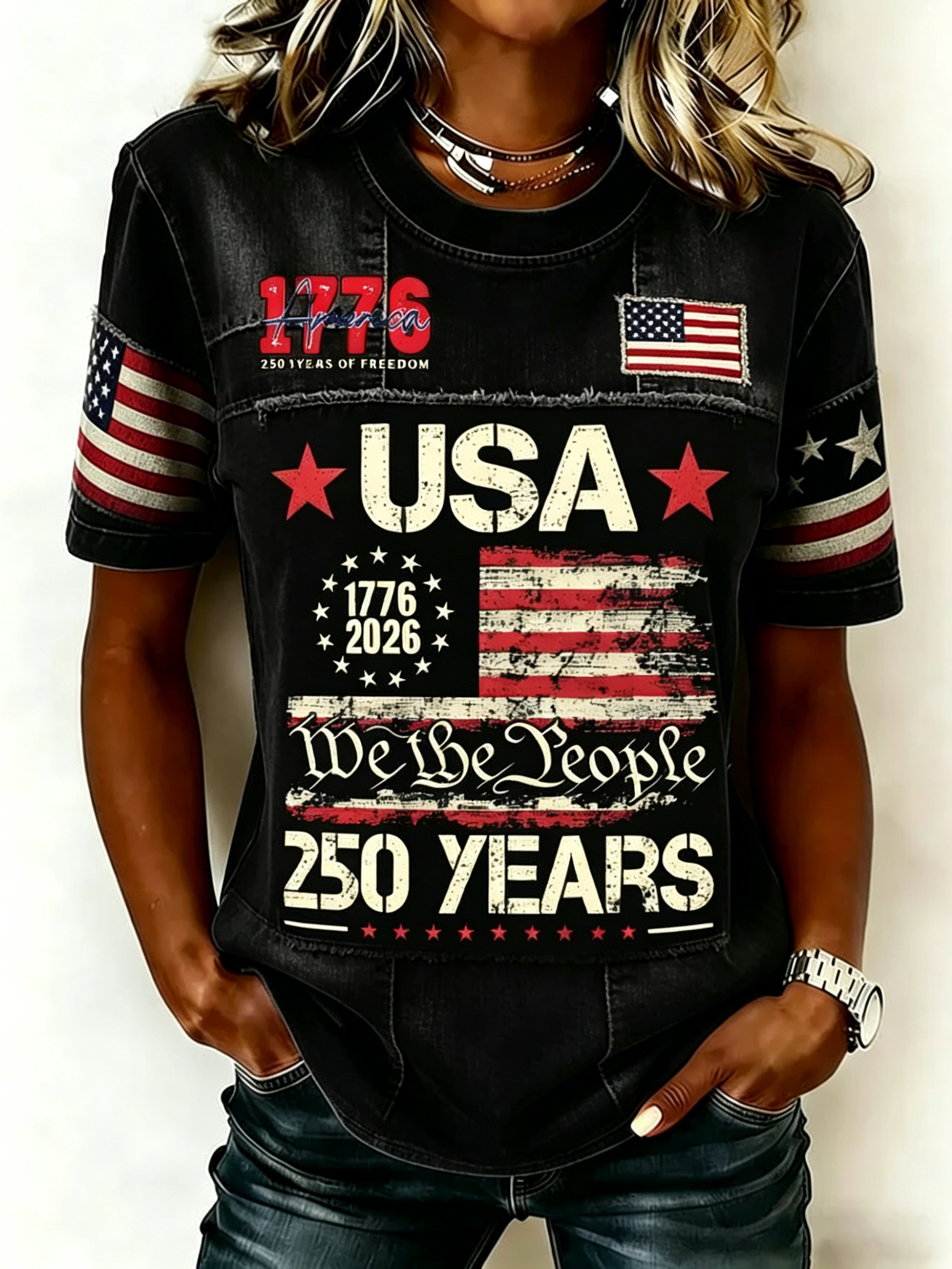 Patriotic Patchwork American Flag Sleeve Print Crew Neck Casual Tee For Women