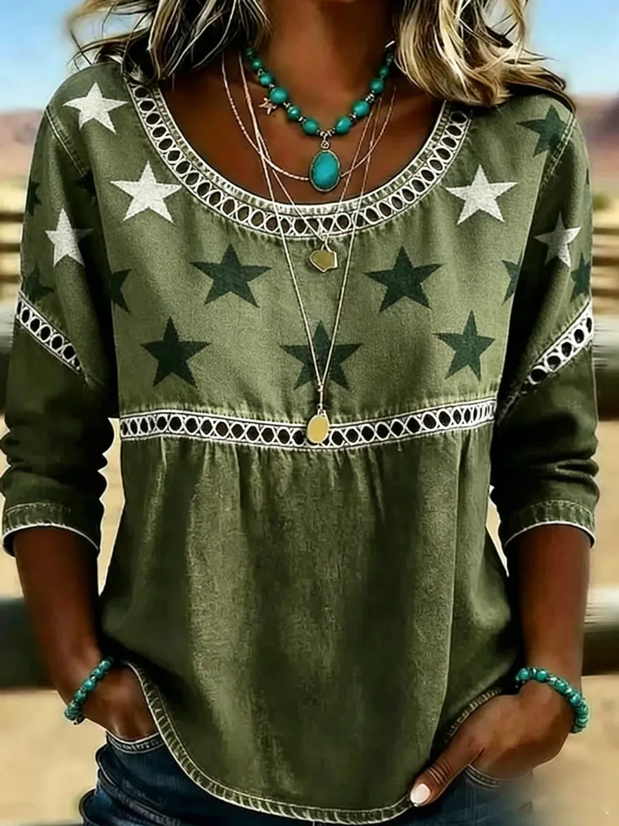 Western Star Denim Tunic Top | Boho Style Casual Long Sleeve Blouse