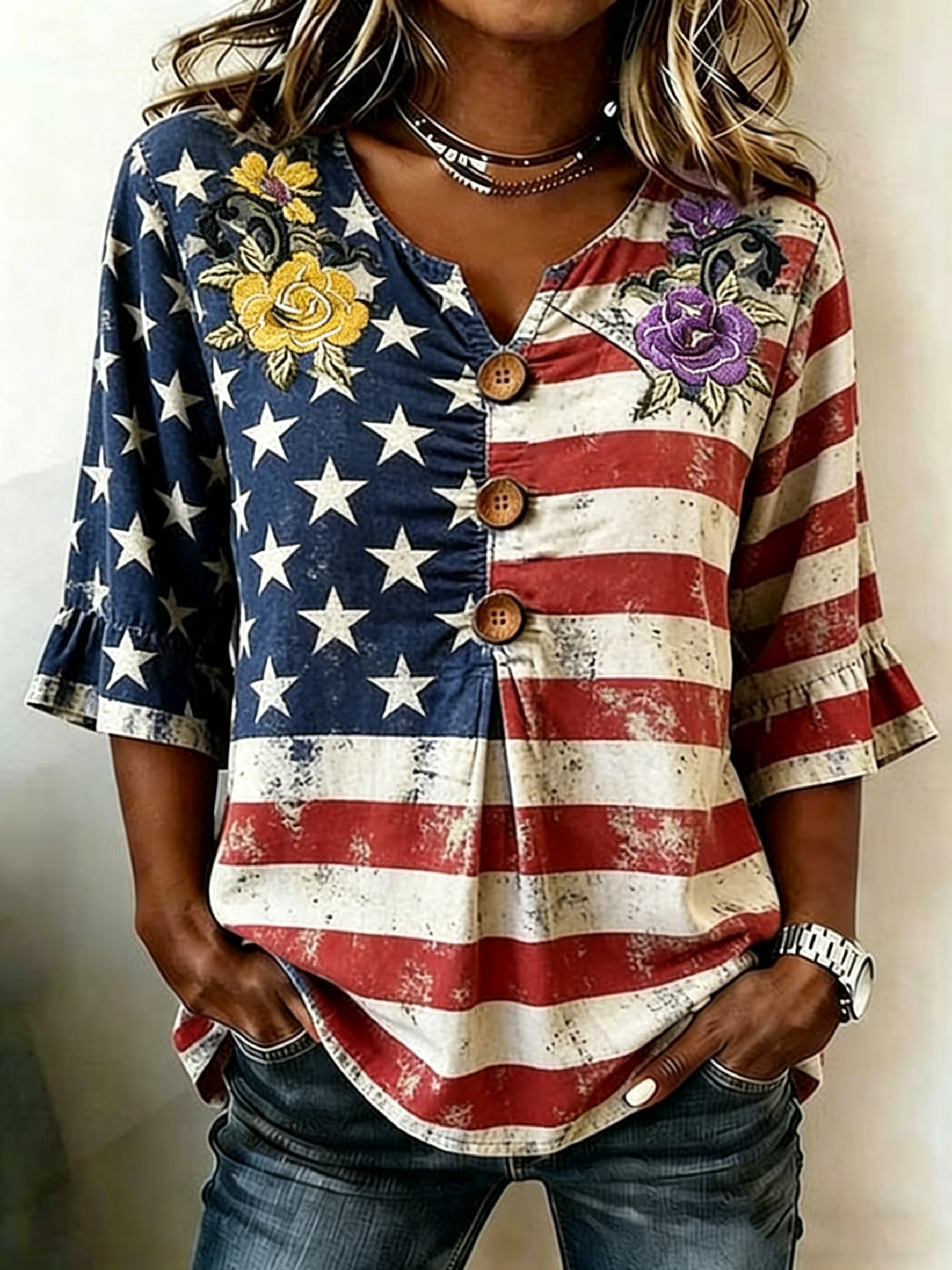 Women Floral Embroidery American Flag Notched V Neck Ruffle Sleeve Patriotic Casual Blo